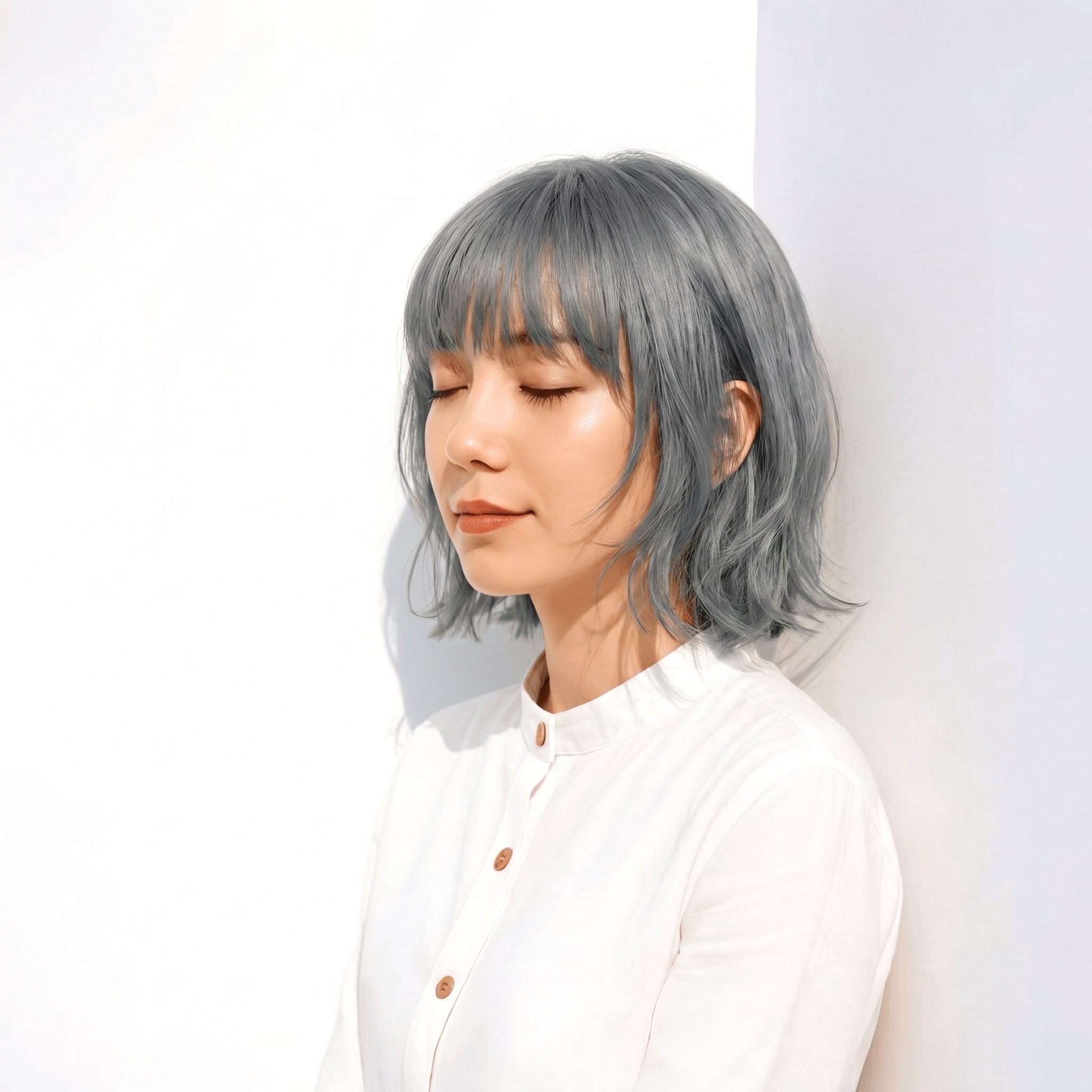 24. シルバーグレージュ×外ハネボブ: 青みを含むグレーで外ハネボブが涼しげになる