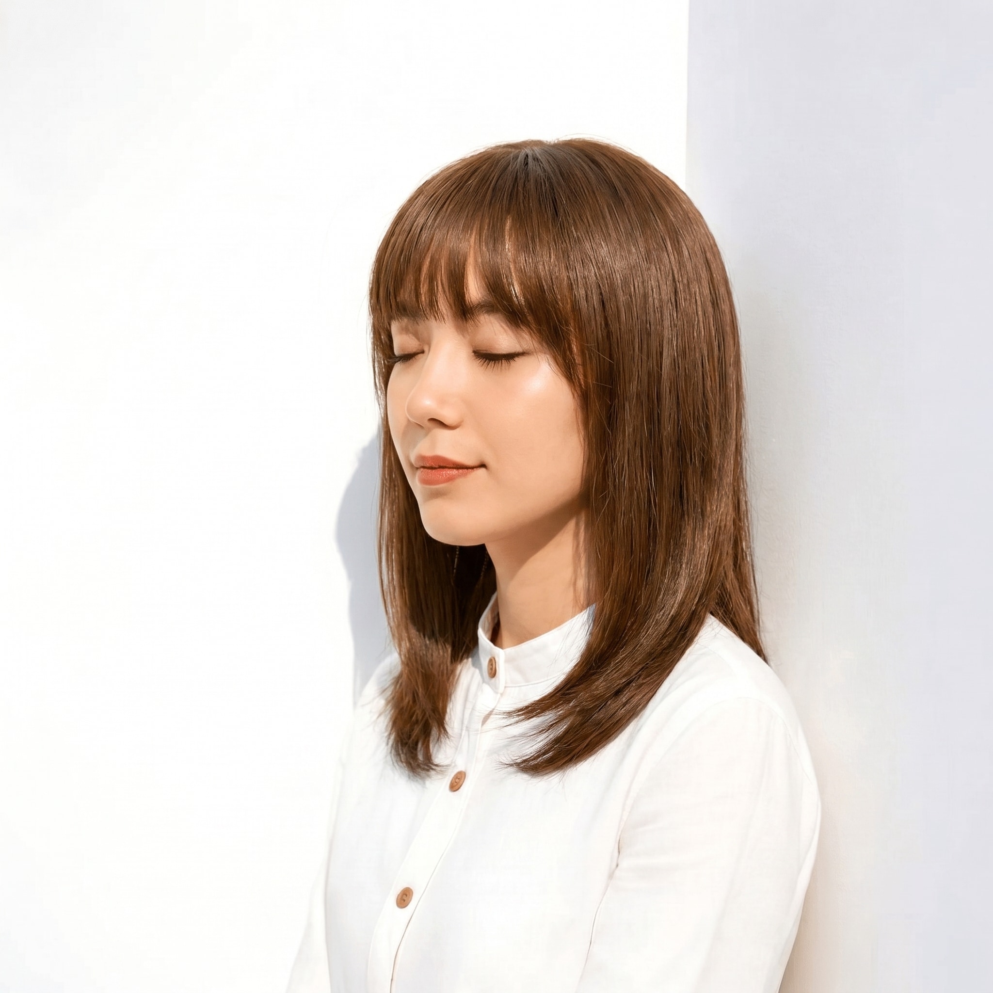 24. マットブラウン×ミディアムストレート: 控えめなツヤとくすみで顔立ちを落ち着かせる