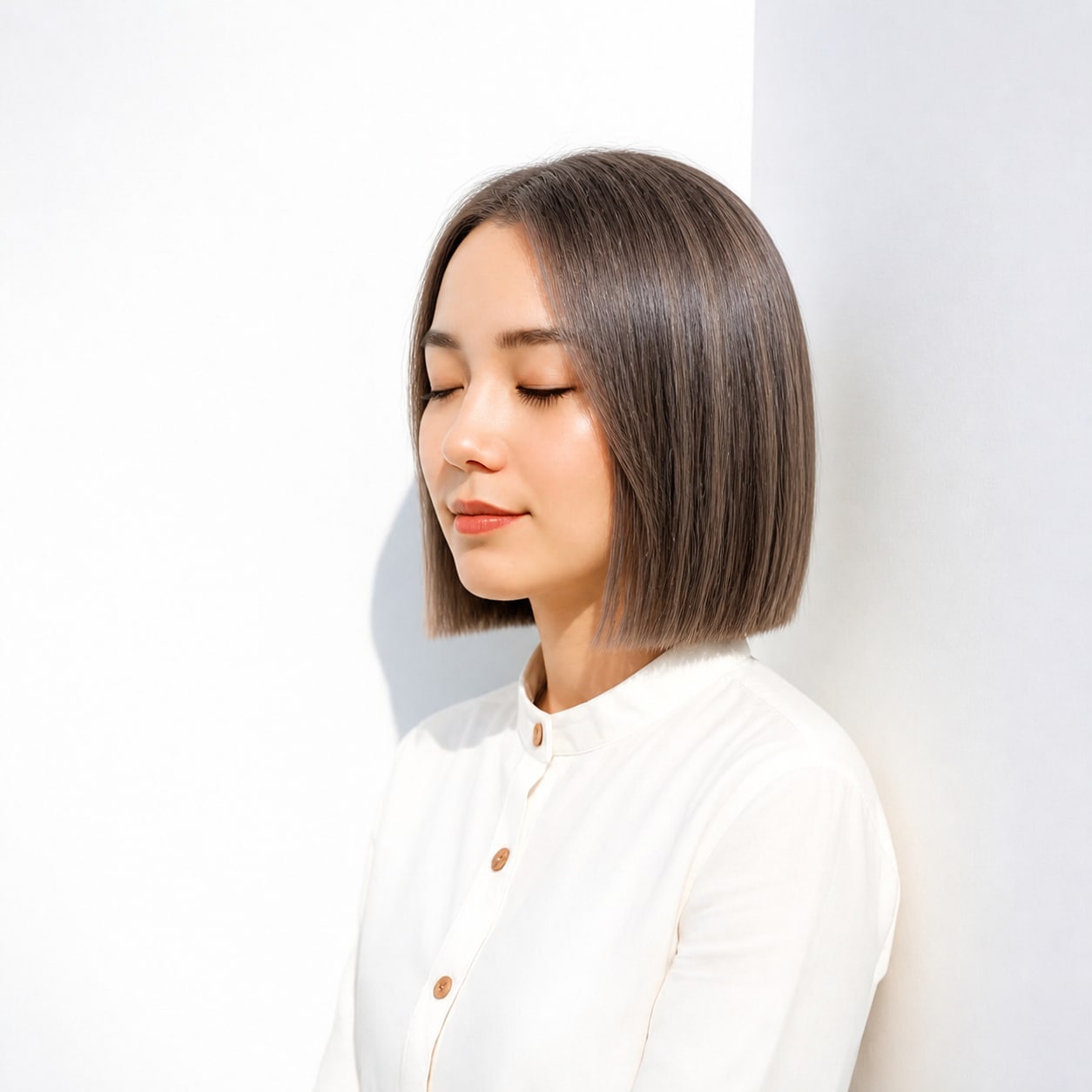 24. 長めボブ × グレーブラウン：ストレートを上品に