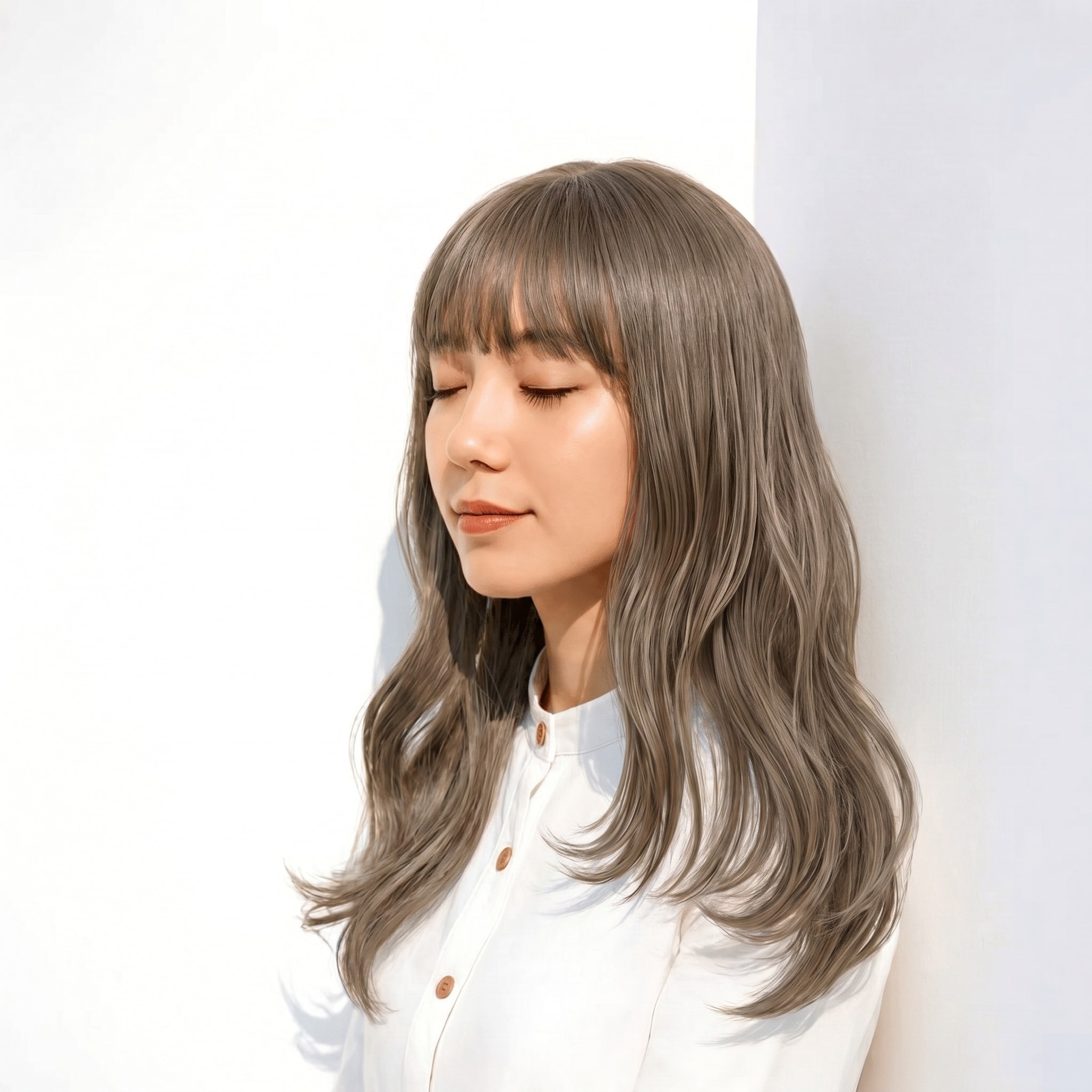 25. オリーブベージュ×ミディアムロング: 丸みと厚めバングで落ち着きと軽さを両立