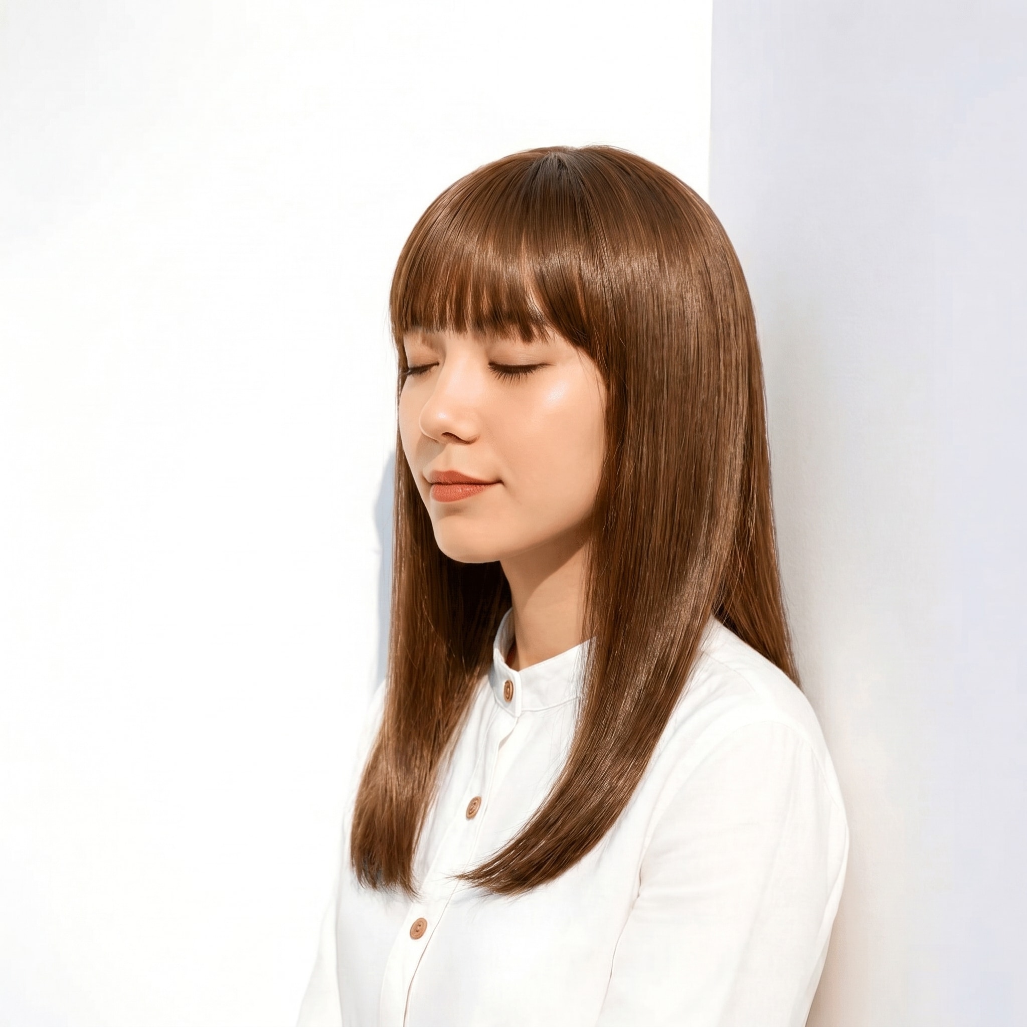 25. ブリーチなしミルクティーベージュ×ミディアムロング: 厚め前髪で上品なツヤを演出