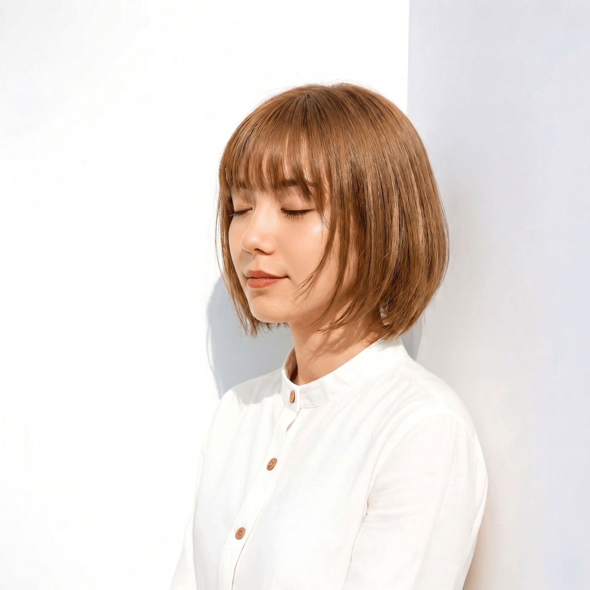 26. イエローブラウン×ベージュボブ: 肌になじむ黄みでナチュラルに華やかさを添える