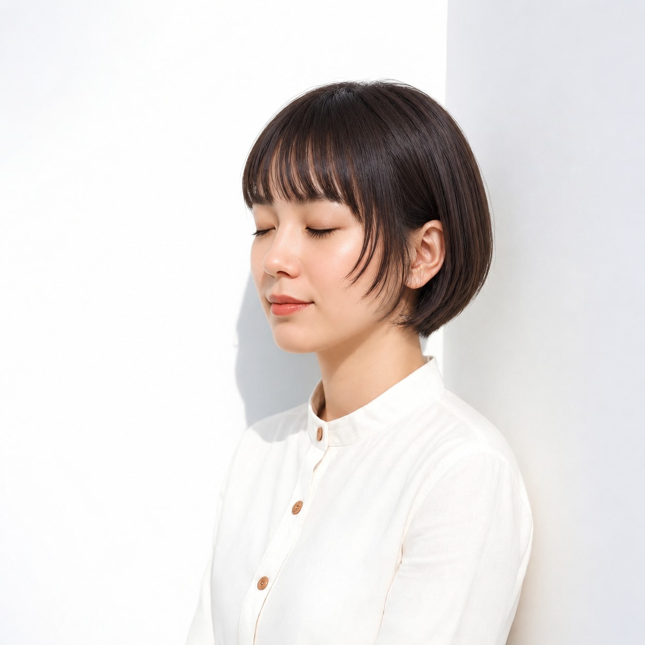 14. マッシュボブ × ぱっつん前髪：ぱっつん前髪と丸い形できちんと感も出せる