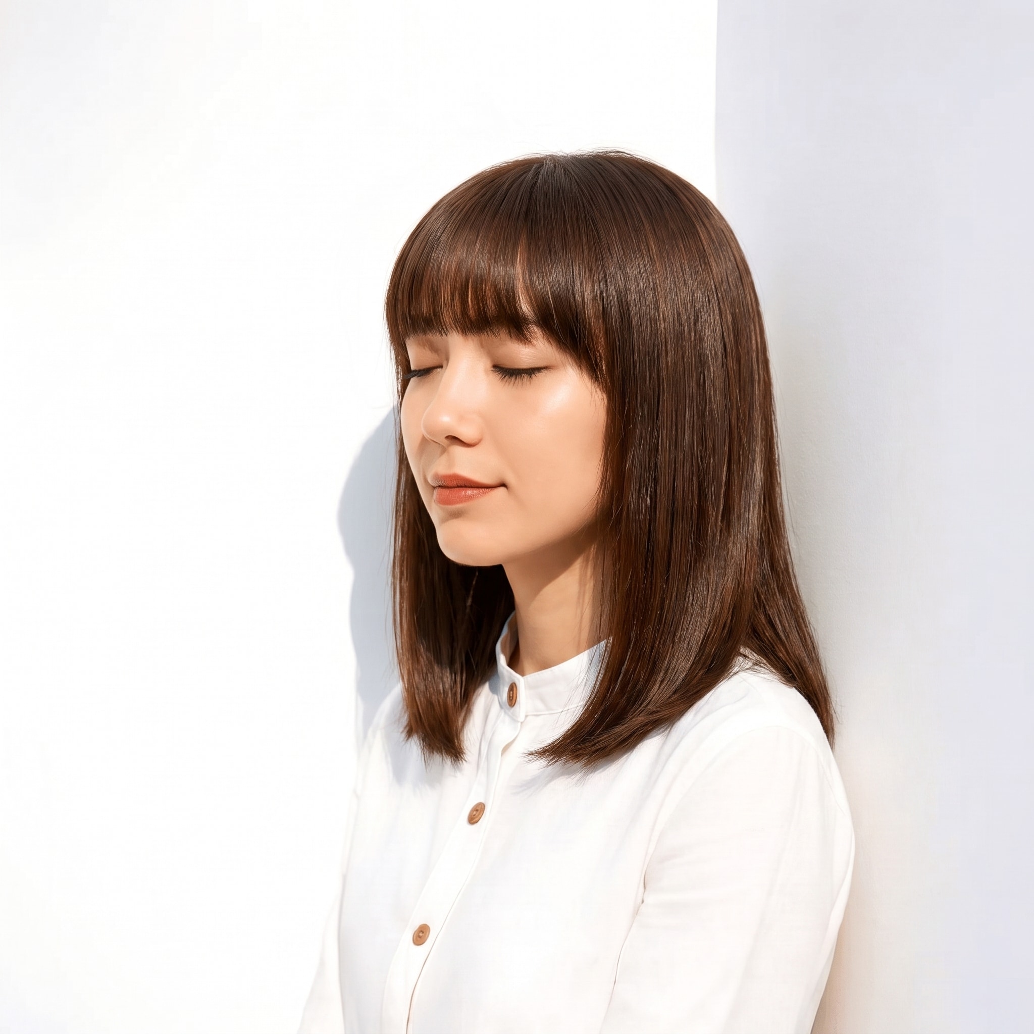 26. モカブラウン×ストレートミディアム: こっくり深い暗めブラウンできちんと感が出る
