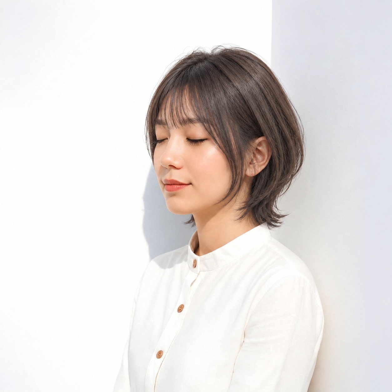 15. ひし形レイヤーボブ × ダークアッシュ：ラフな毛先なら暗い髪色でも軽さを楽しめる