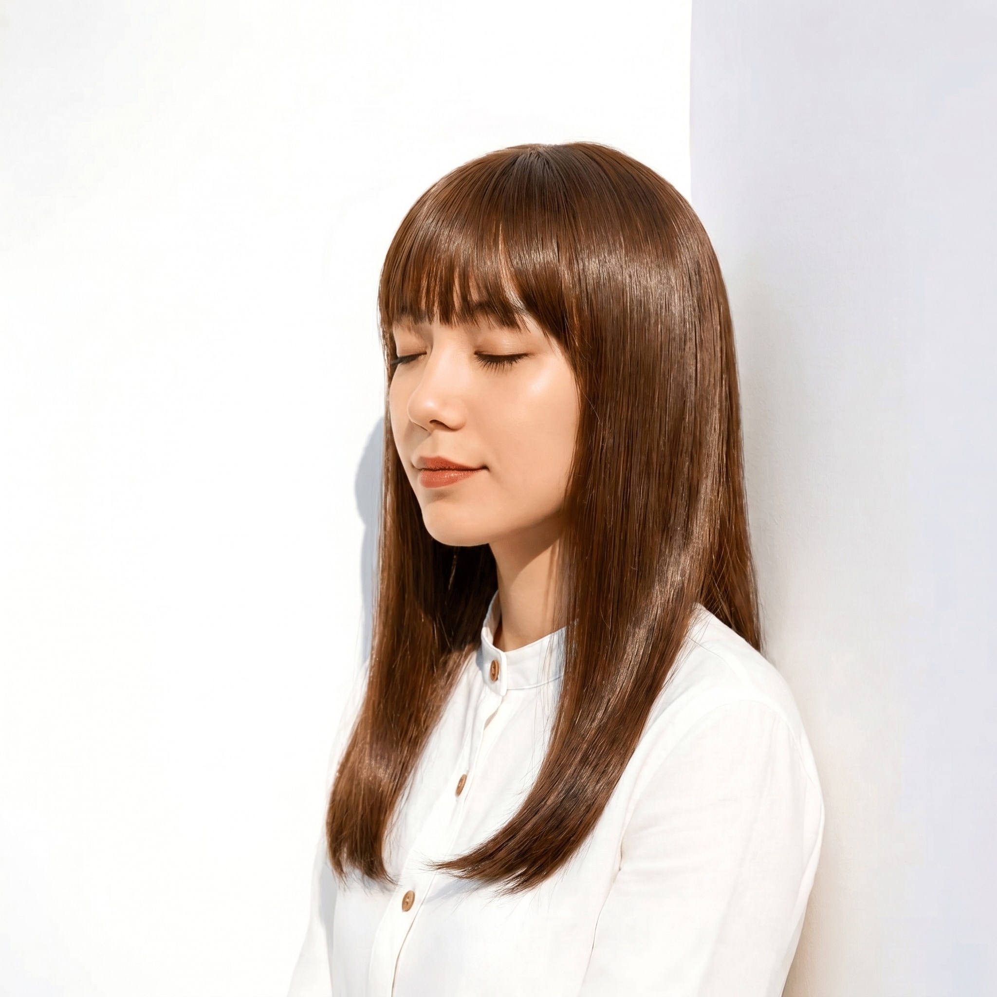 27. イエローブラウン×ロングストレート: 柔らかな黄みツヤで縦ラインを軽やかに