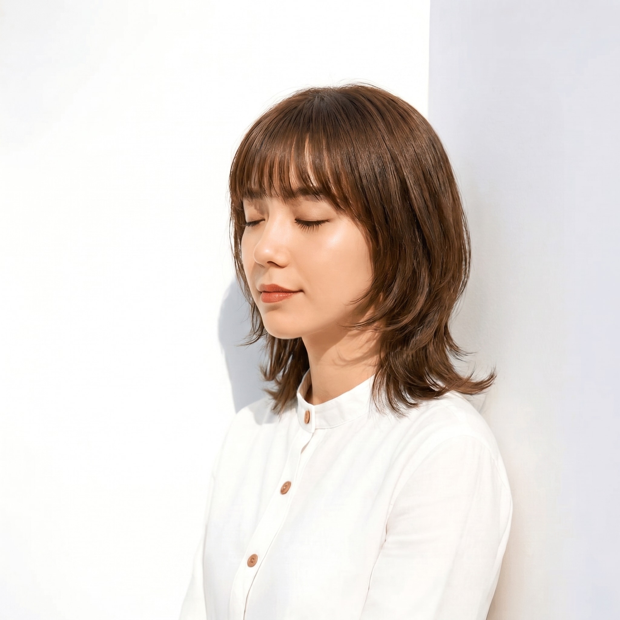 27. オリーブブラウン×外ハネスタイル: 赤みを抑えた柔らかさとツヤが魅力