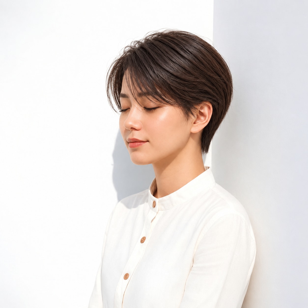 19. ハンサムショート × 斜め前髪：流れる前髪が落ち着いた印象をつくる