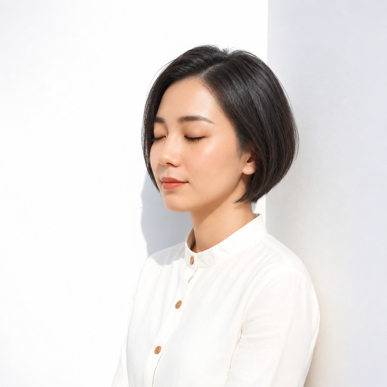 14. 黒髪ショートボブ × 横分け：内に収まる毛先が落ち着いた印象をつくる