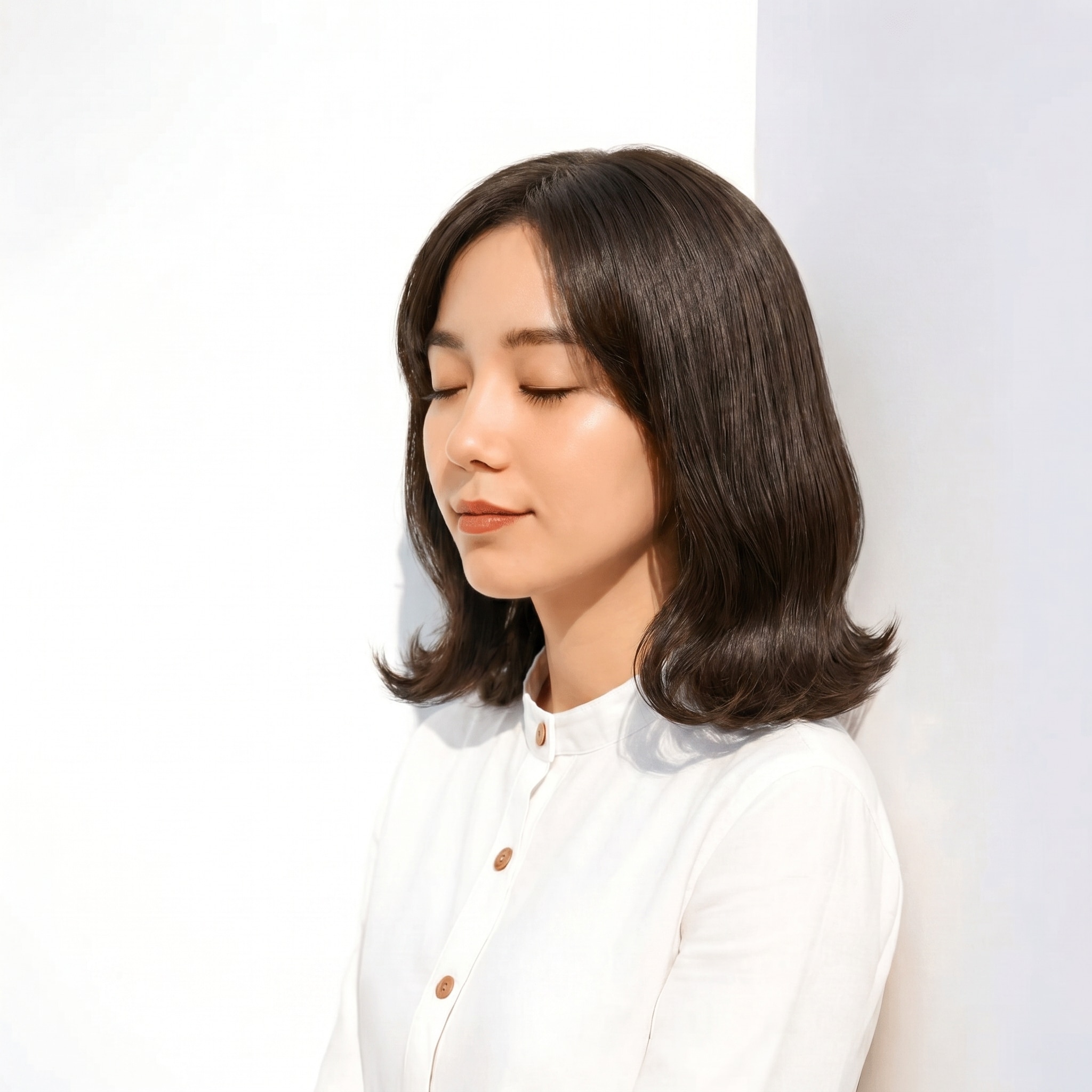 28. オリーブベージュ×柔らかさ: 外ハネと丸みが織りなす親しみやすいミディアム