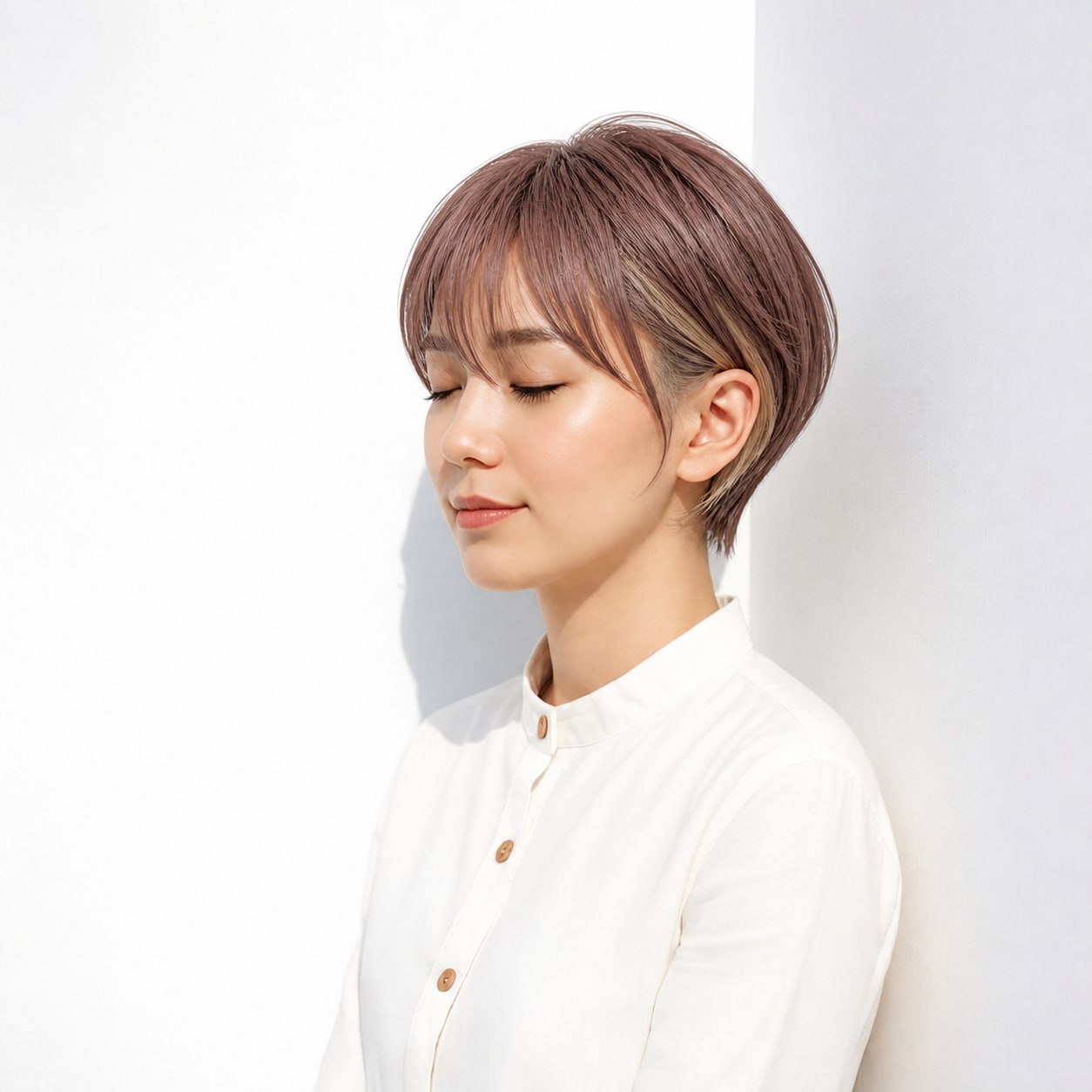 28. ショート × ピンクベージュのインナーカラー：淡くやさしい印象に