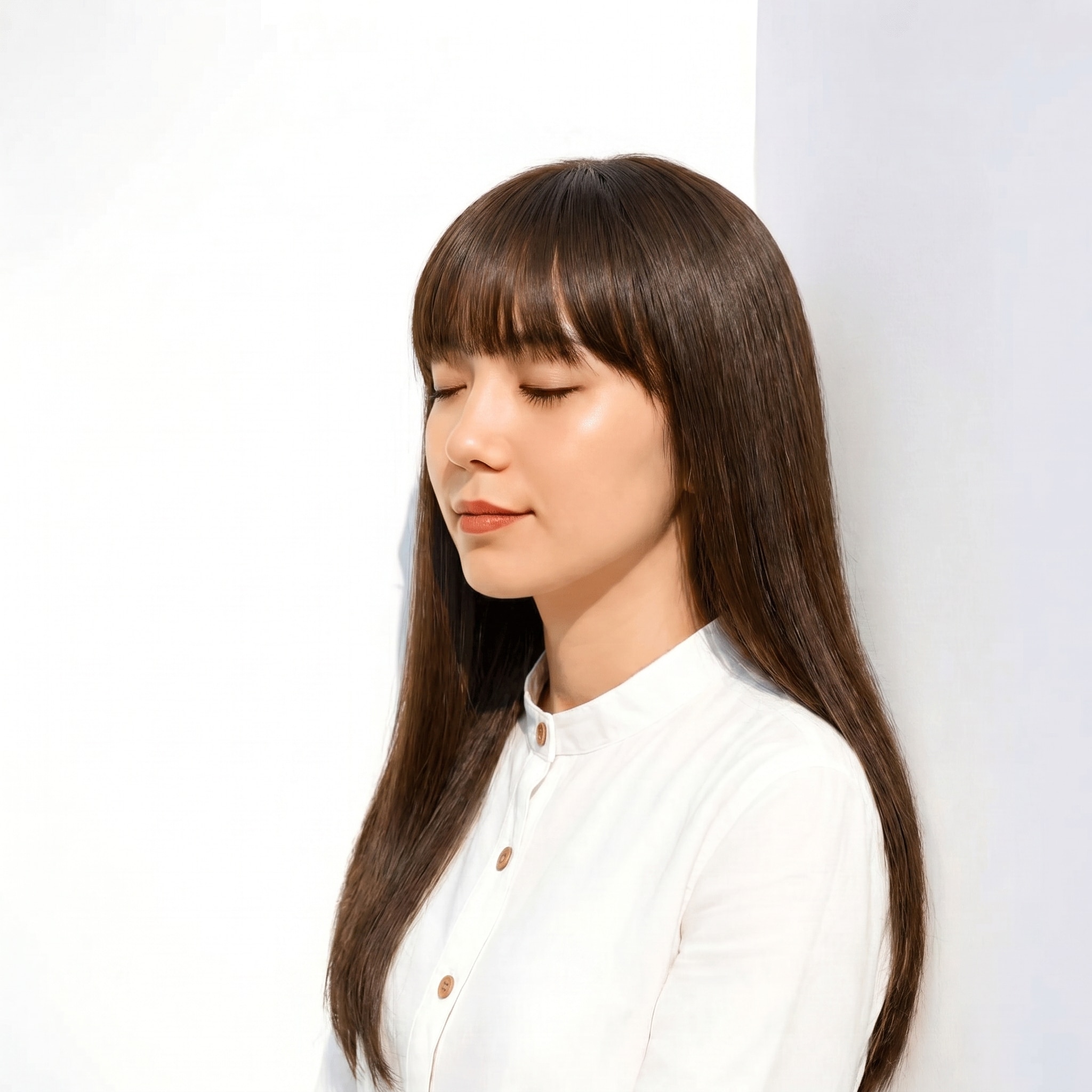 29. オリーブブラウン×ロングヘア：赤みを抑えたツヤが上品なIラインスタイル