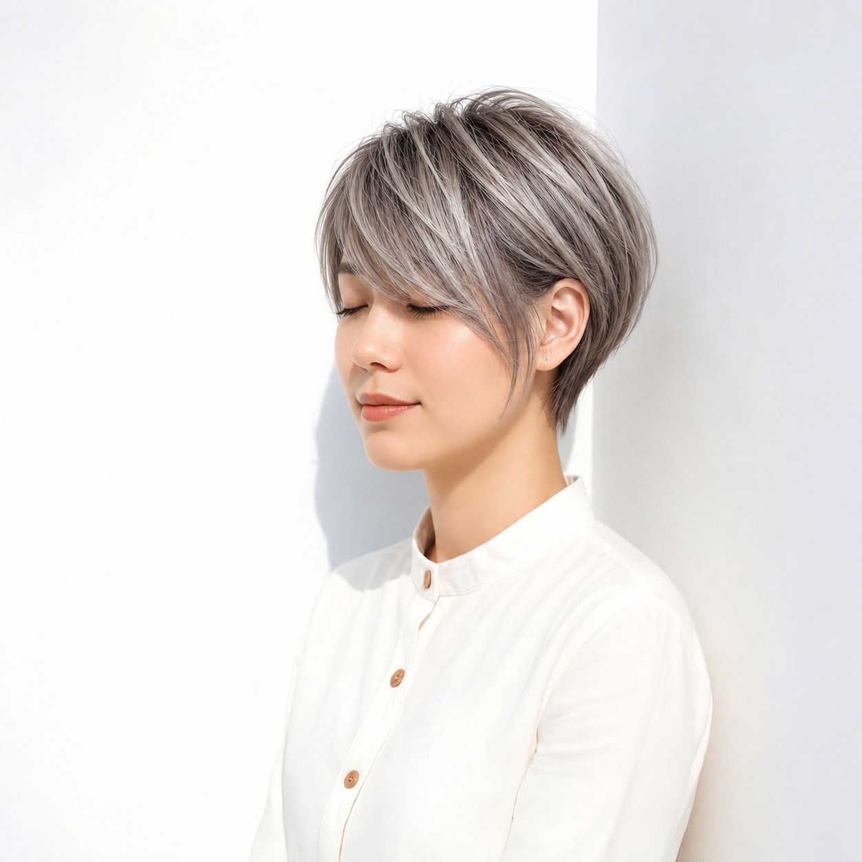 10. 丸みショート × シルバー系ハイライト：明るい筋が丸いシルエットに奥行きをつくる