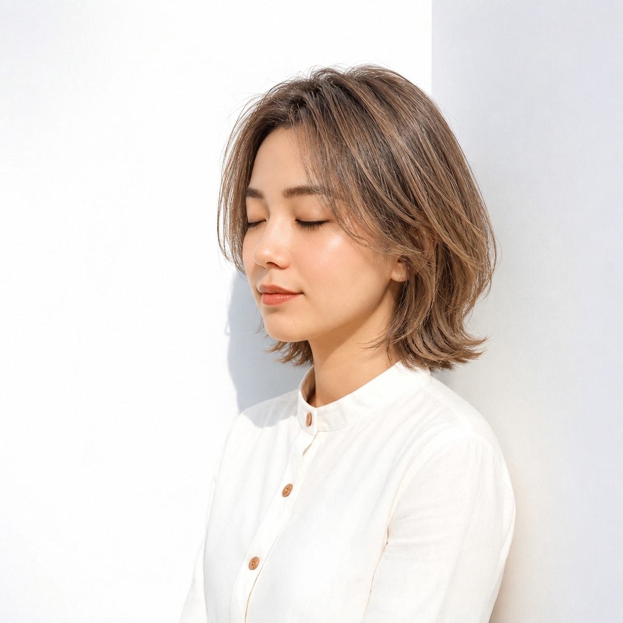 22. 外ハネボブ × ベージュブラウン：長い前髪と揺れる毛先が輪郭になじむ
