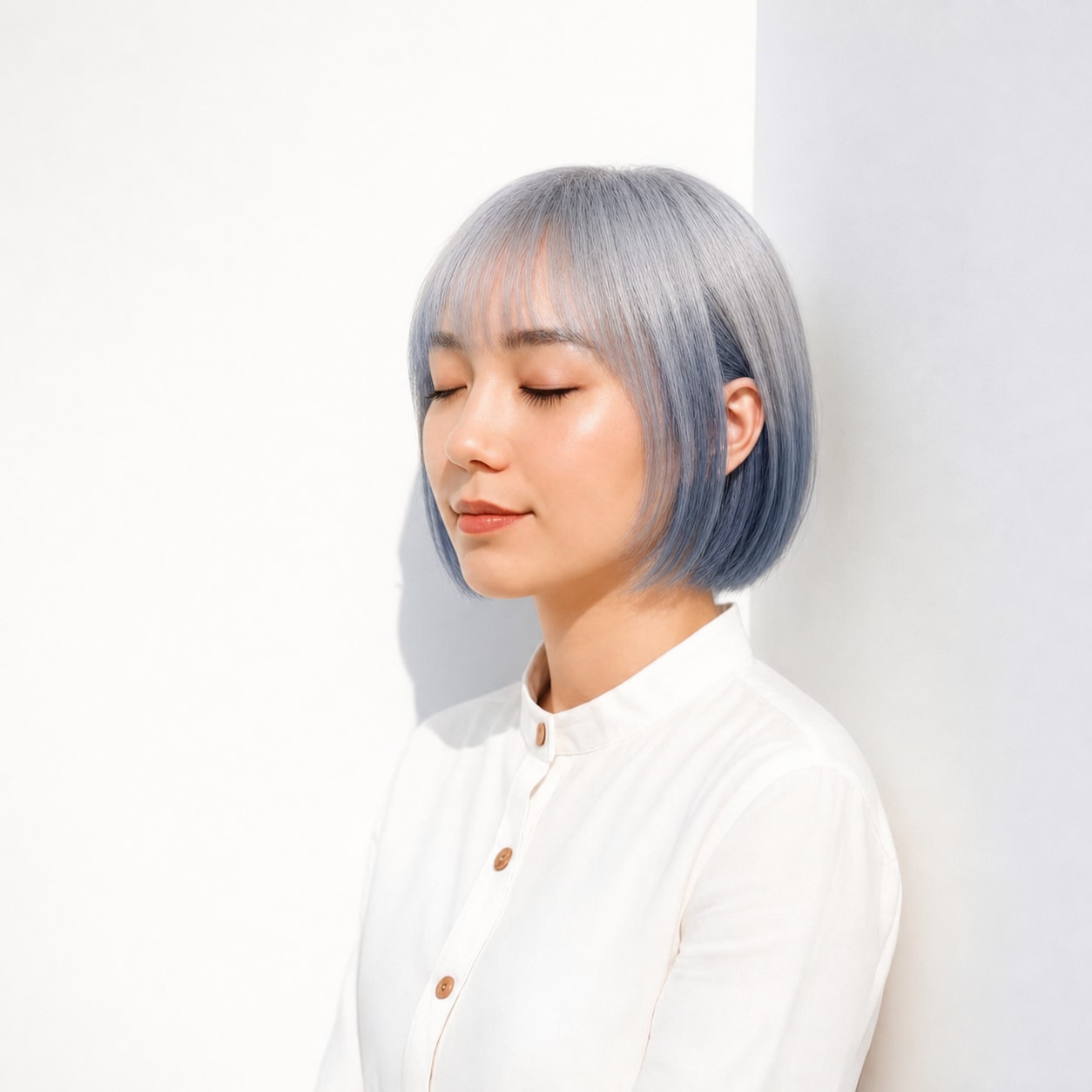 3. くすみブルー×ボブ: 濃いブルーグレーで短い髪の動きが引き立つ