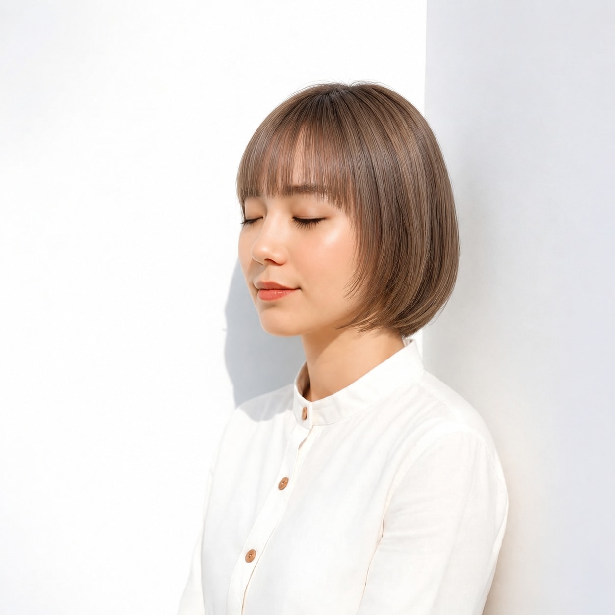 3. ぱっつんフルバング × ベージュボブ：やわらかな髪色が目元のラインを引き立てる