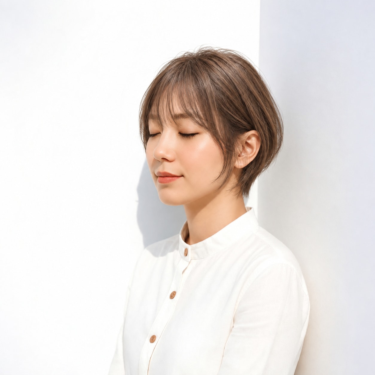 3. ひし形ショートボブ × 前髪あり × 耳かけ：片側に余白ができ、コンパクトな形へ軽さを足せます