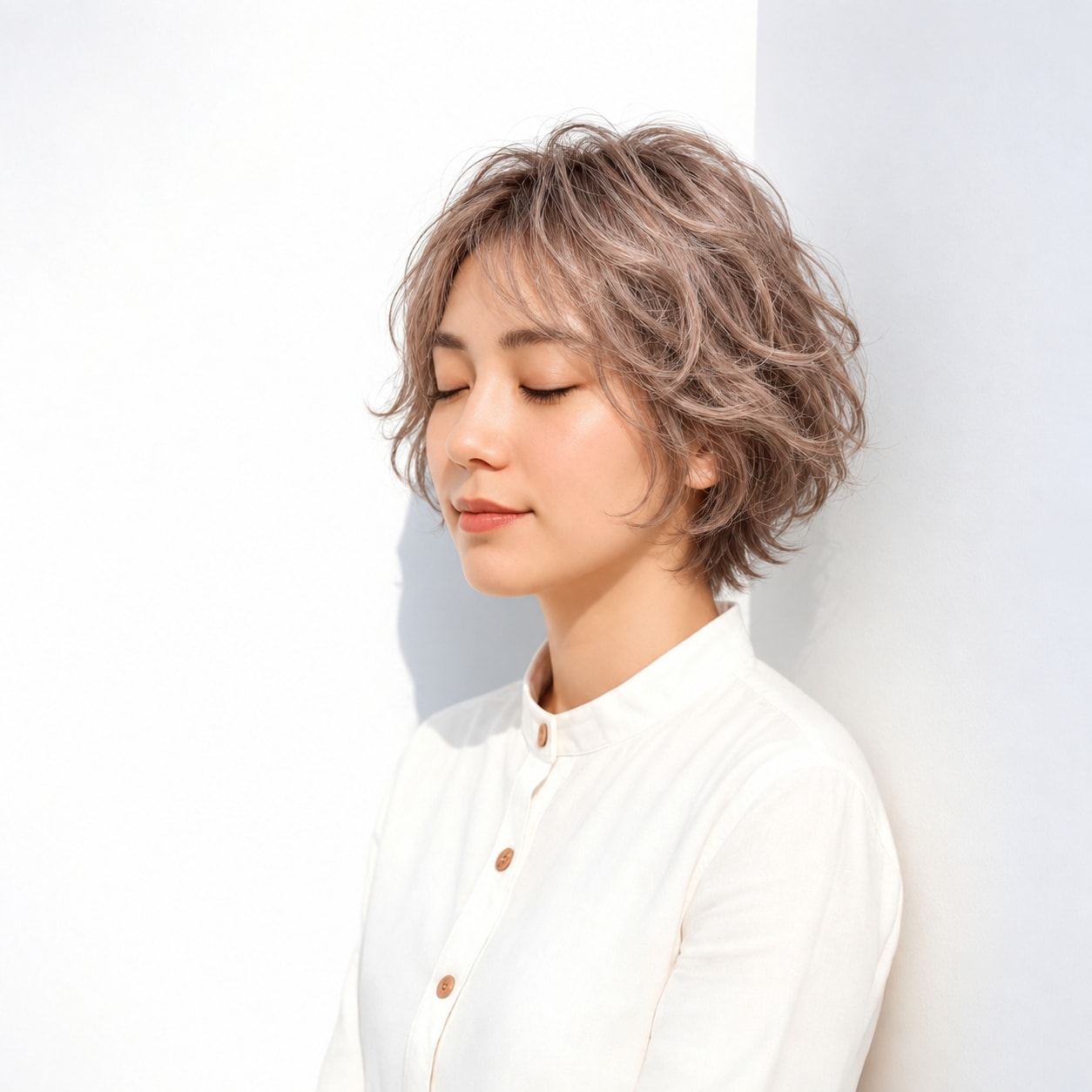 2. ゆるふわパーマ × ショート × アッシュベージュ：短い髪でもふんわりした立体感を楽しめる