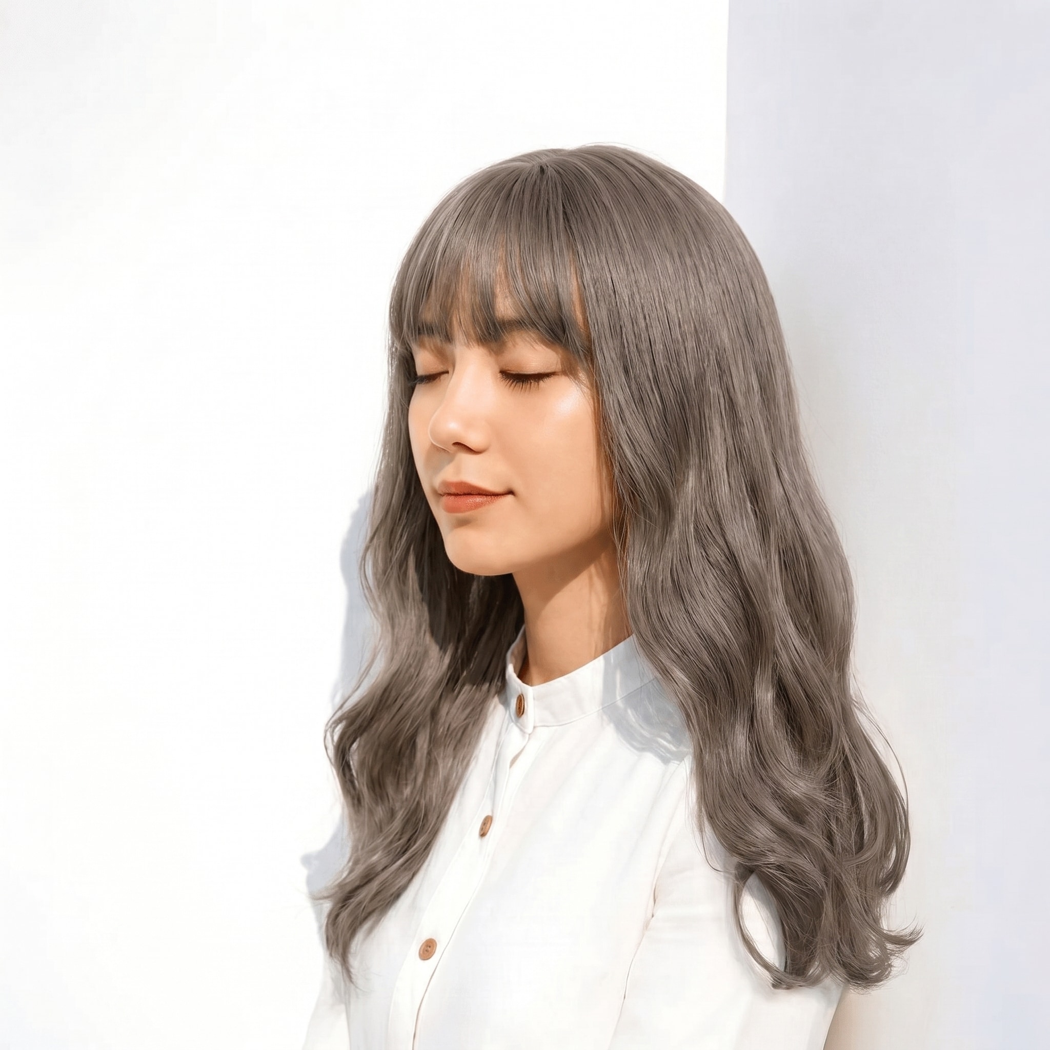 3. アイスグレージュ×フルバング: 透け感と立体感が際立つAラインミディ