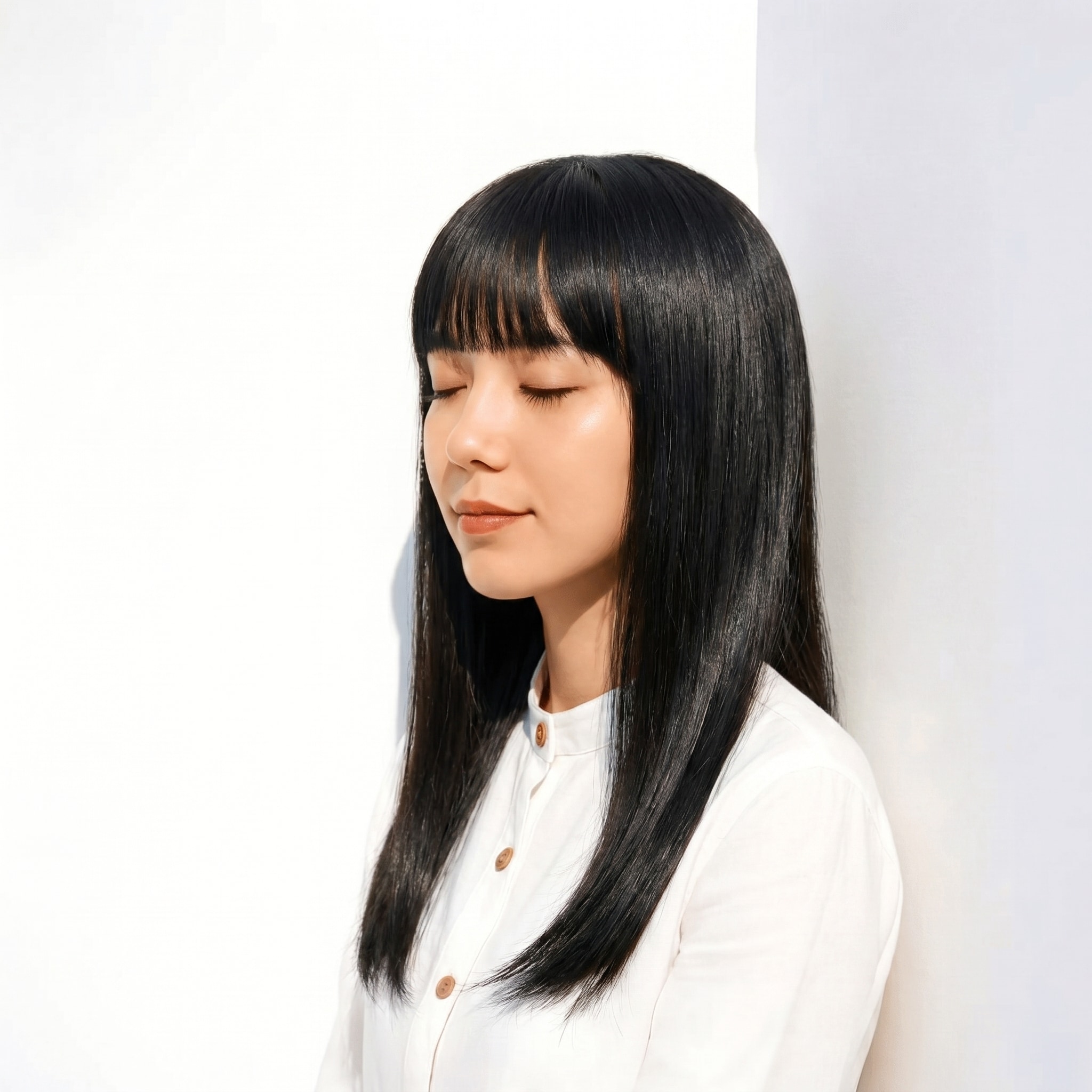 3. アッシュブラック×ストレートヘア: 鎖骨下までの自然なまとまりで上品