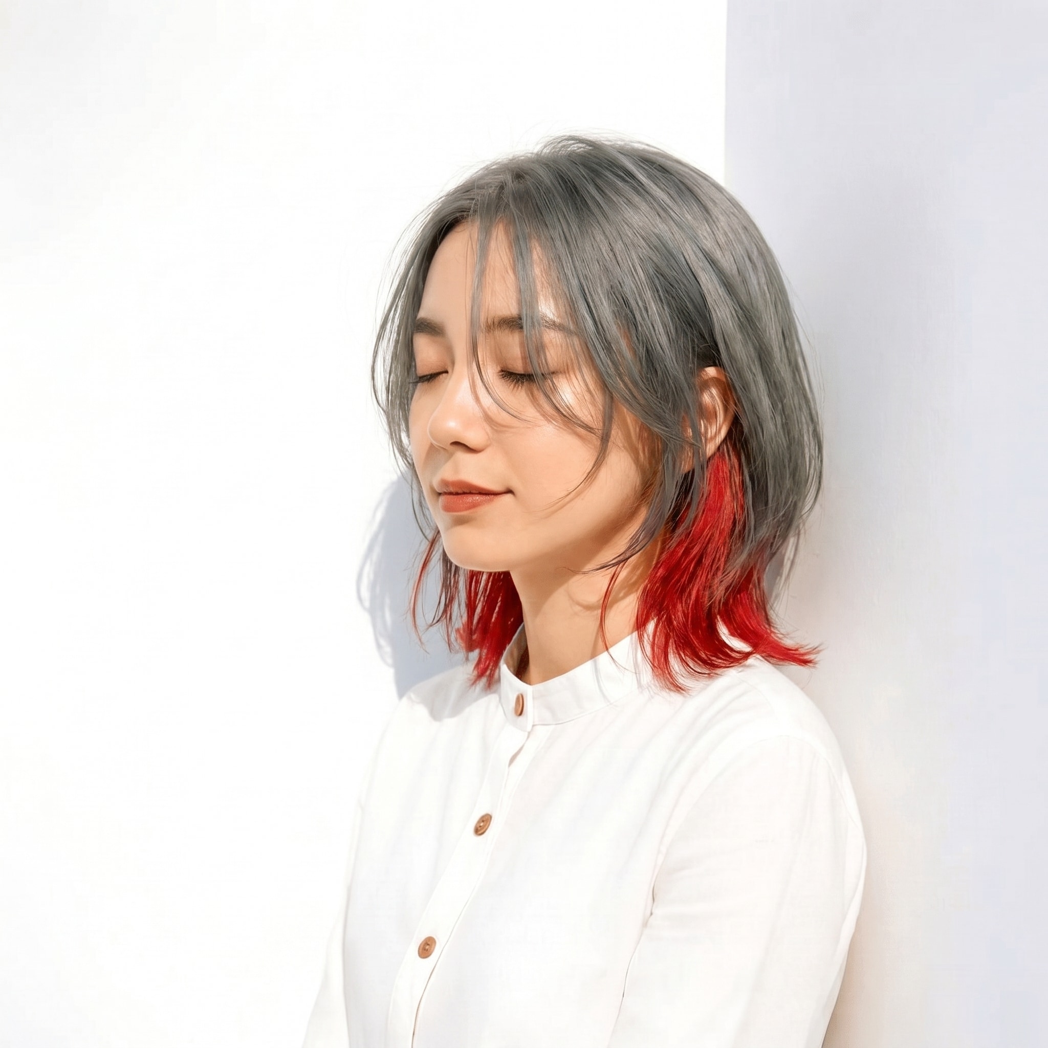 3. アッシュレッド×外ハネニュアンス×束感スタイリング: ふんわりした丸みで女性らしい立体感を作る