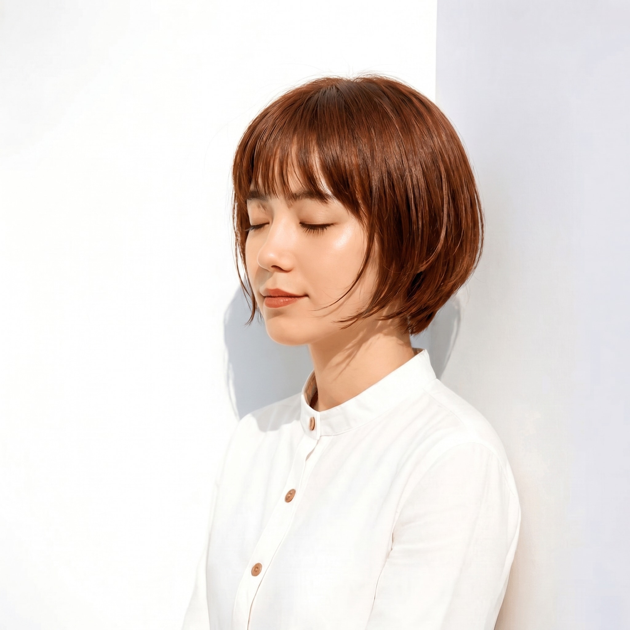 3. アプリコットオレンジ×丸みショートボブ: 均一な果実カラーでコンパクトな形に透明感を添える