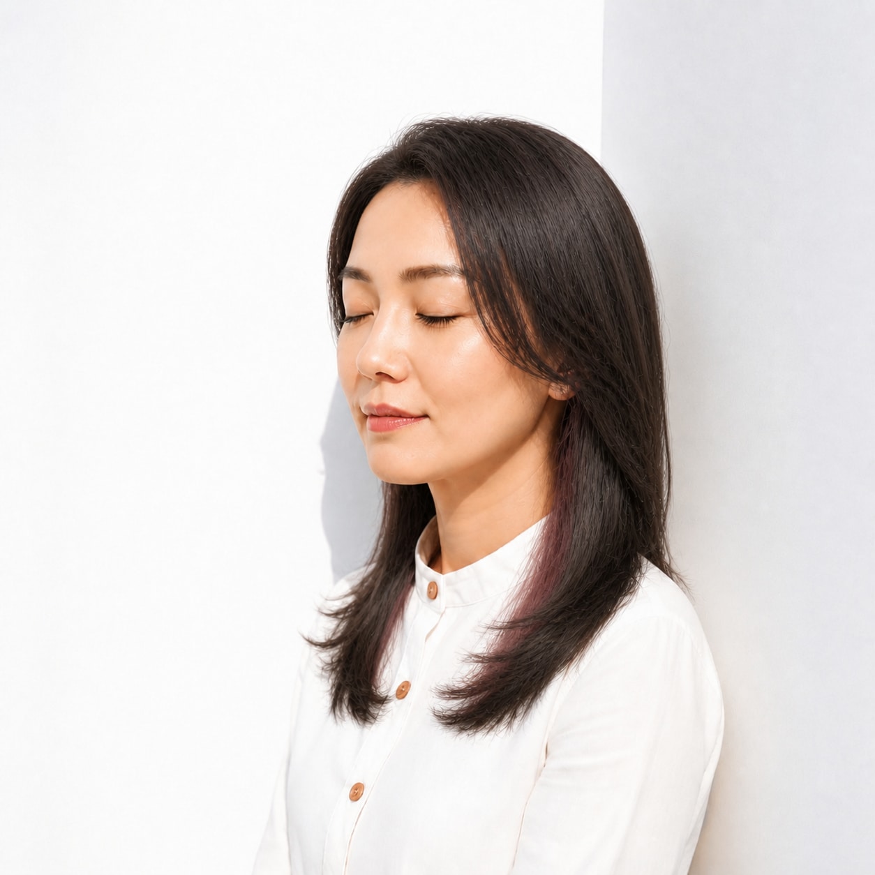 3. インナーカラー × ローズピンク：40代のロングを華やかに