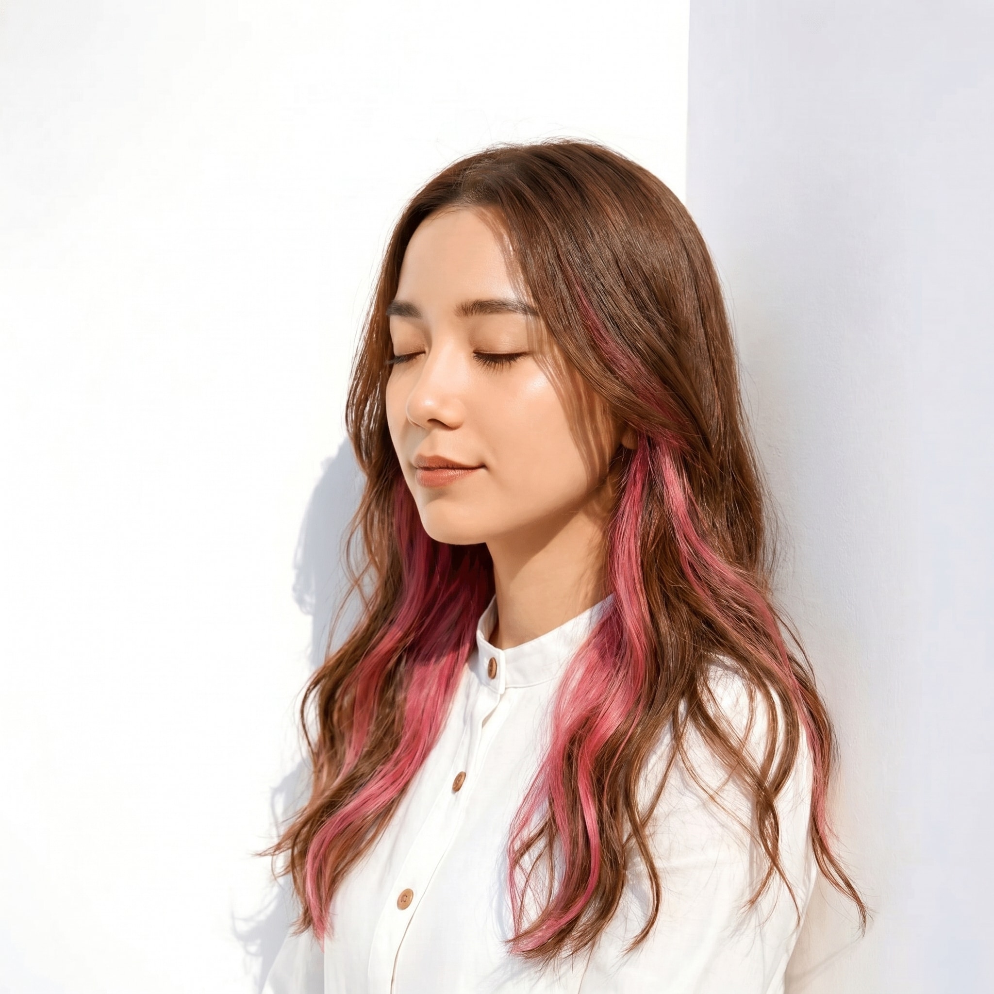 3. インナーカラー×赤み×ゆる波セミロング: 顔まわりに赤みを効かせて、やわらかく華やかな印象に