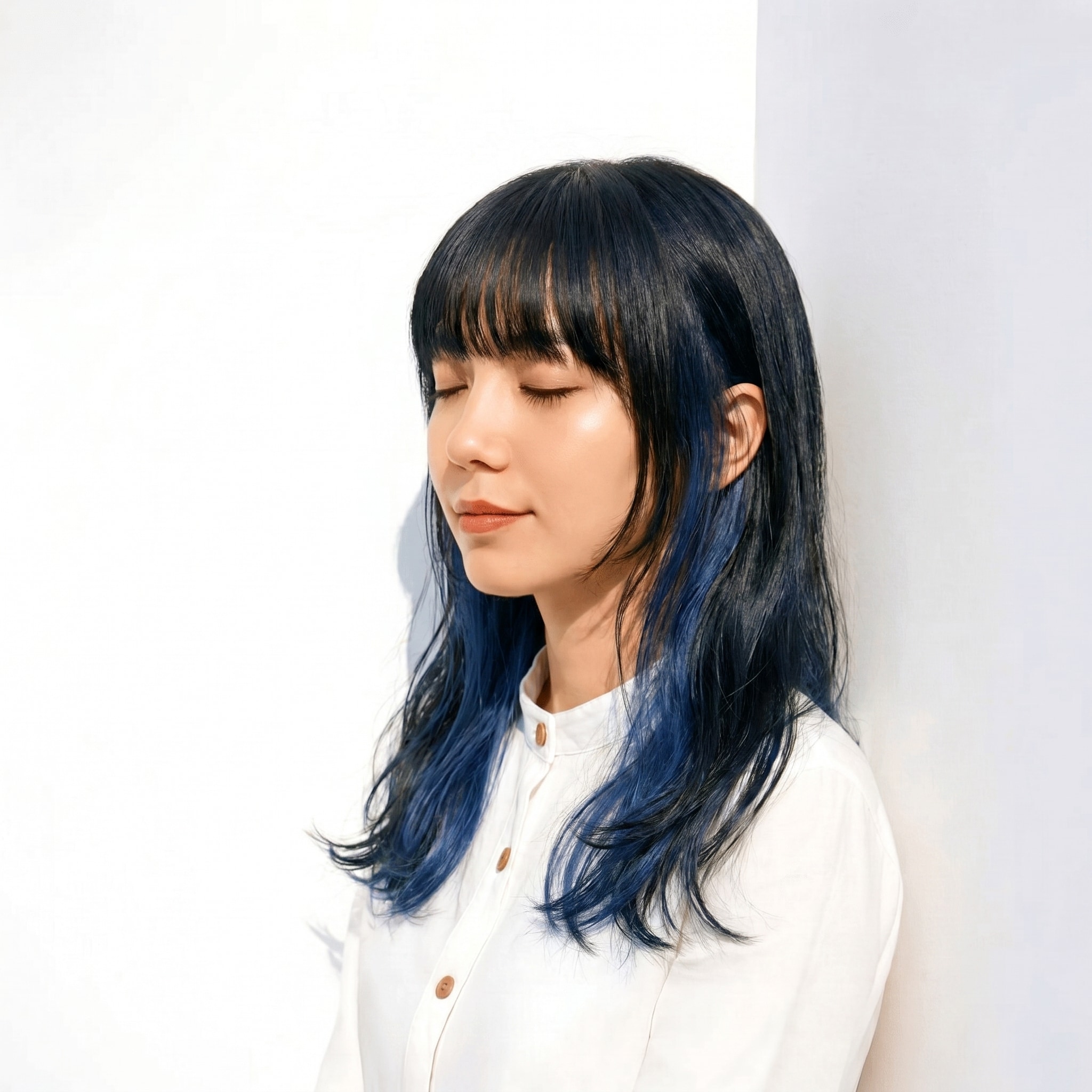 3. インナーカラー×透明感のある青×ゆる波ミディアム: 透明感のある青で、暗髪にやわらかな奥行きをプラス