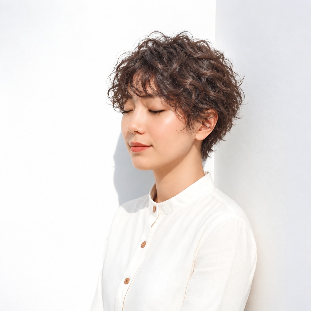 2. ウェーブパーマ × ショート × レッドブラウン：細かなカールで華やかな表情を楽しめる