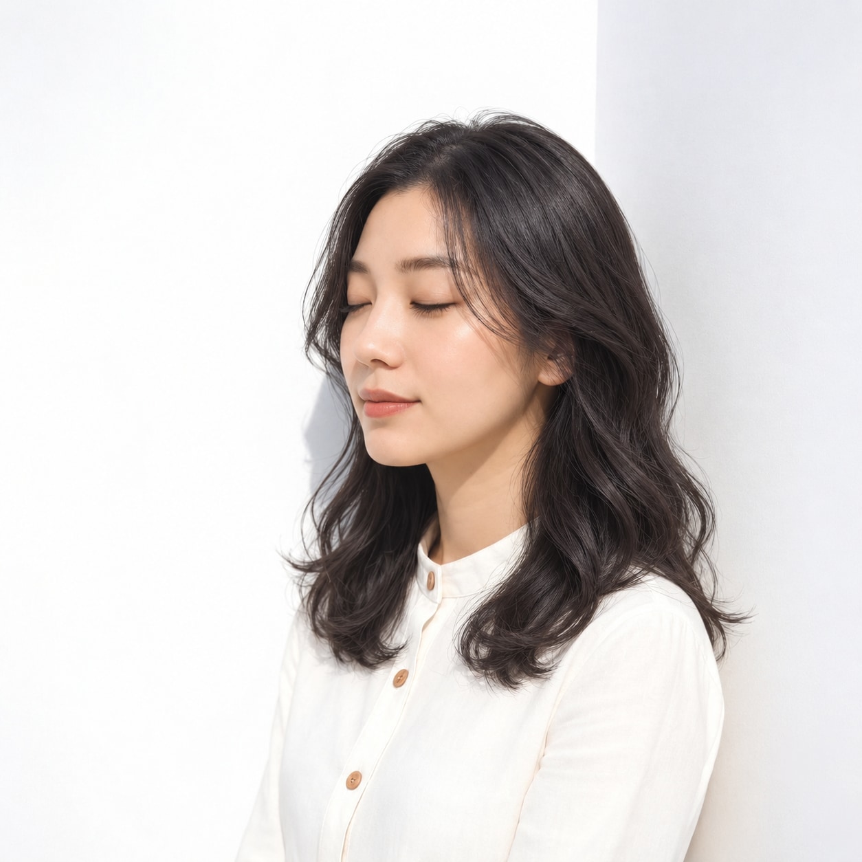 1. ウェーブパーマ × セミロング × ダークブラウン：毛先に集めた大きな曲線が上品に映える