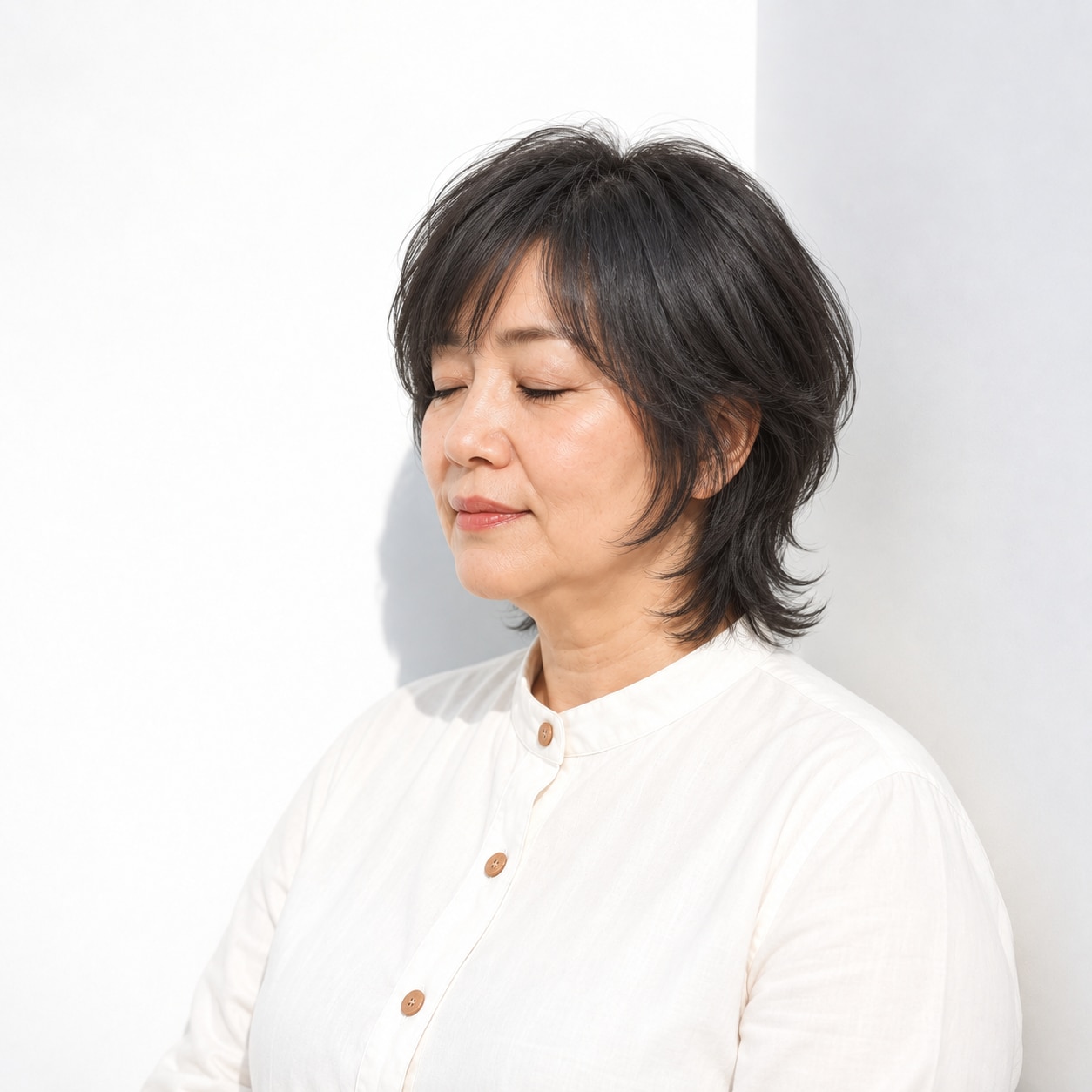 暗めの髪色で、頬近くの短い毛束と軽い襟足が見えるショートウルフ
