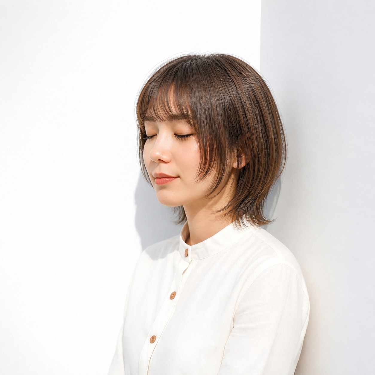 3. ウルフボブ × 前髪あり × ナチュラルブラウン：顔まわりをすっきり見せる