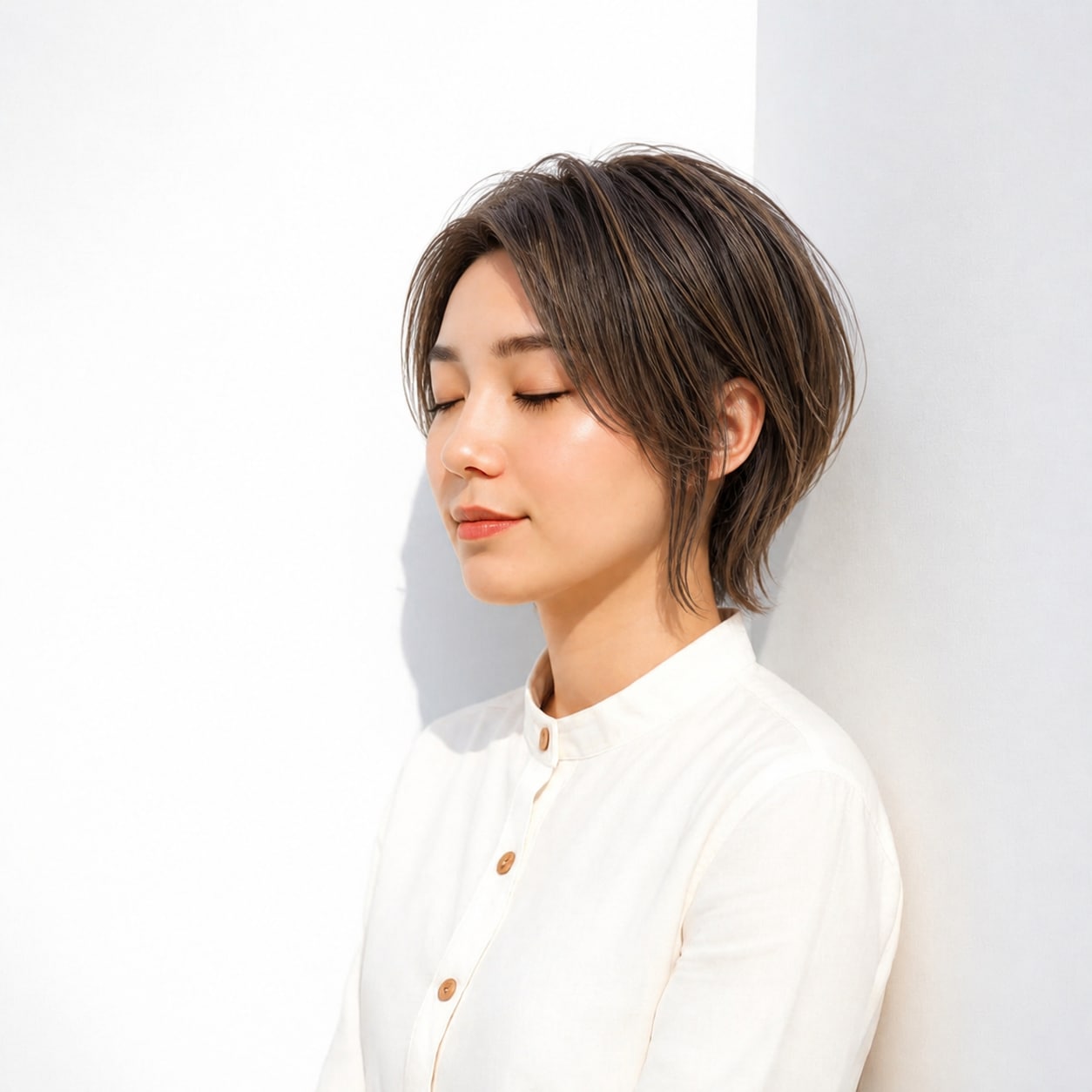 3. ウルフボブ × 前髪なし × ハイライト：短いレイヤーを立体的に