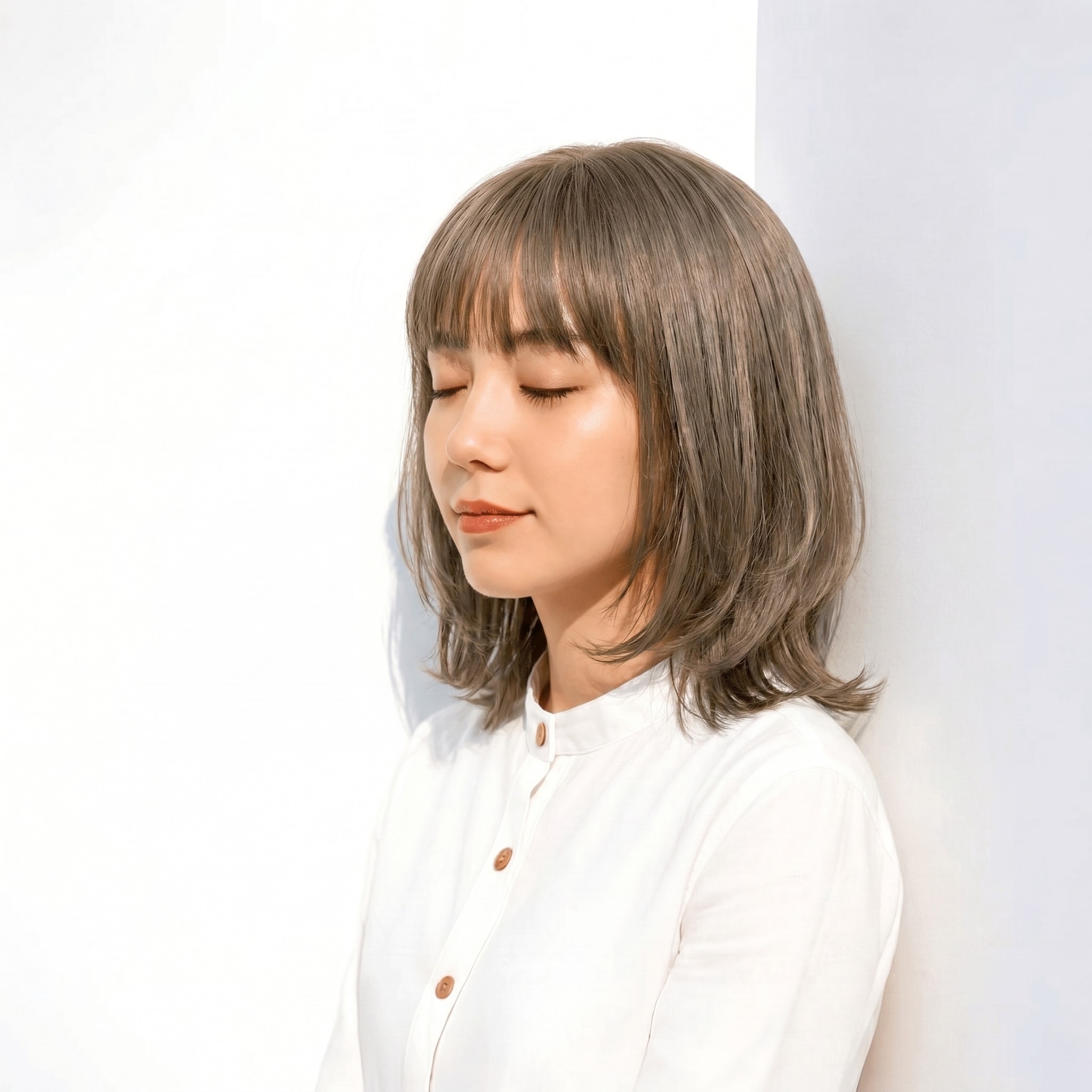 3. カーキアッシュ×丸みロブ: オリーブグレーの透け感で柔らかくクールに見せる