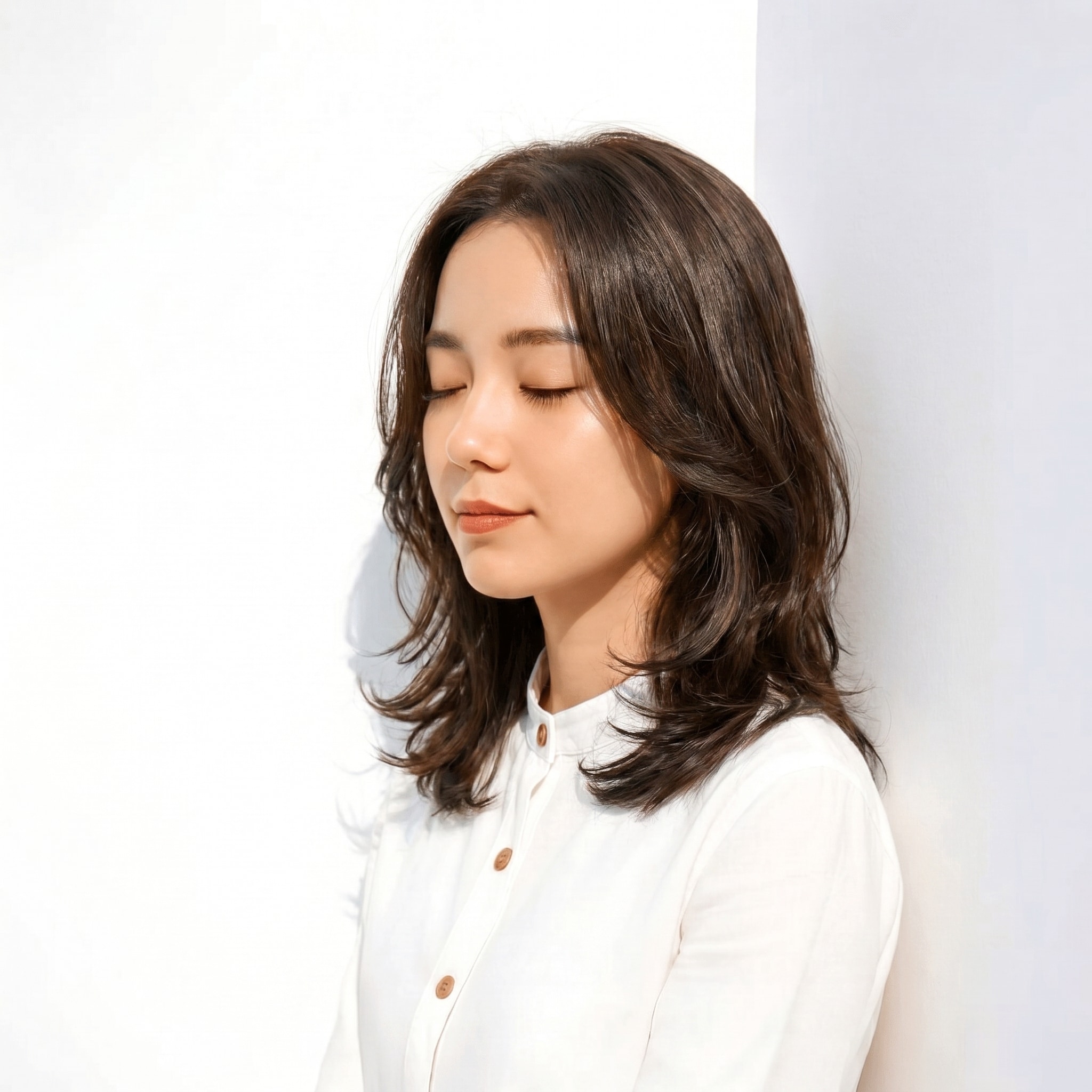3. カーキグレージュ×ミディアムレイヤー: 赤みを抑えた軽やかな動きが魅力