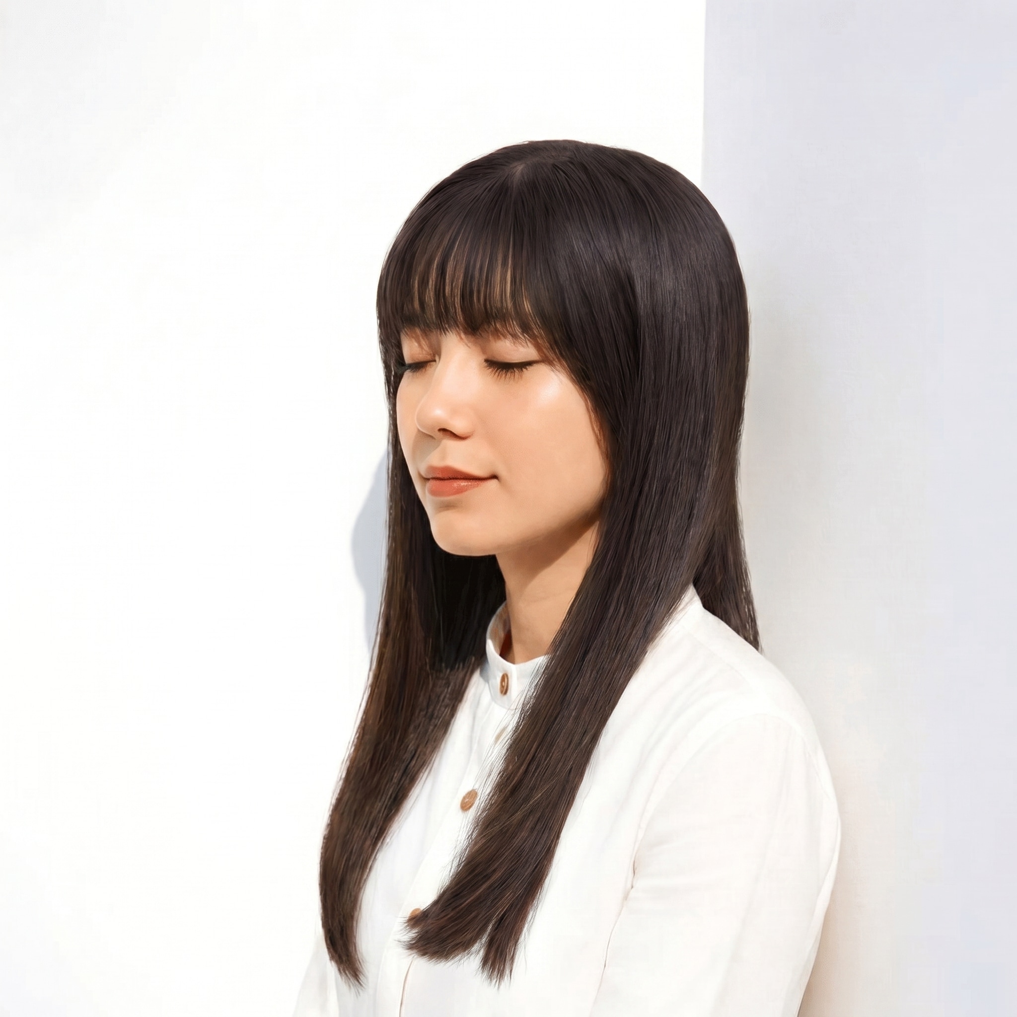 3. グレーブラウン×ロングストレート: 赤みを抑えたツヤが美しい縦長シルエット