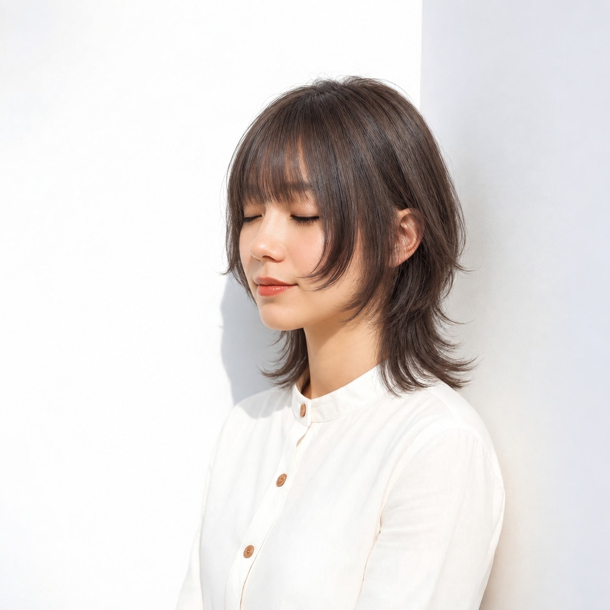 3. クラゲウルフ × ミディアム × 頬に落ちる短いレイヤー：顔の近くに動きが集まり、長いえり足との段差が映えます