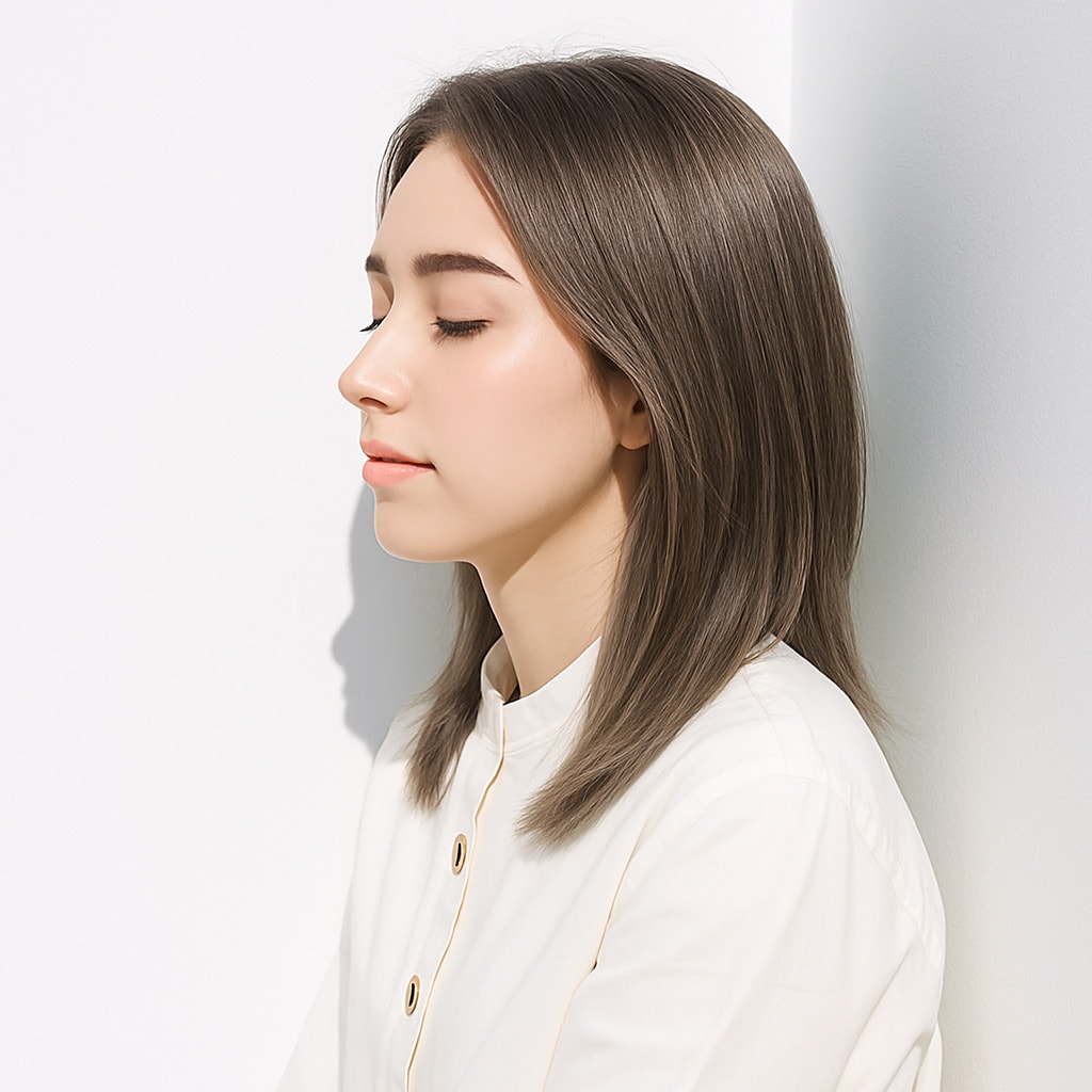 3. シナモンベージュ×ミディアムストレート：柔らかな透明感で軽やかさを纏う