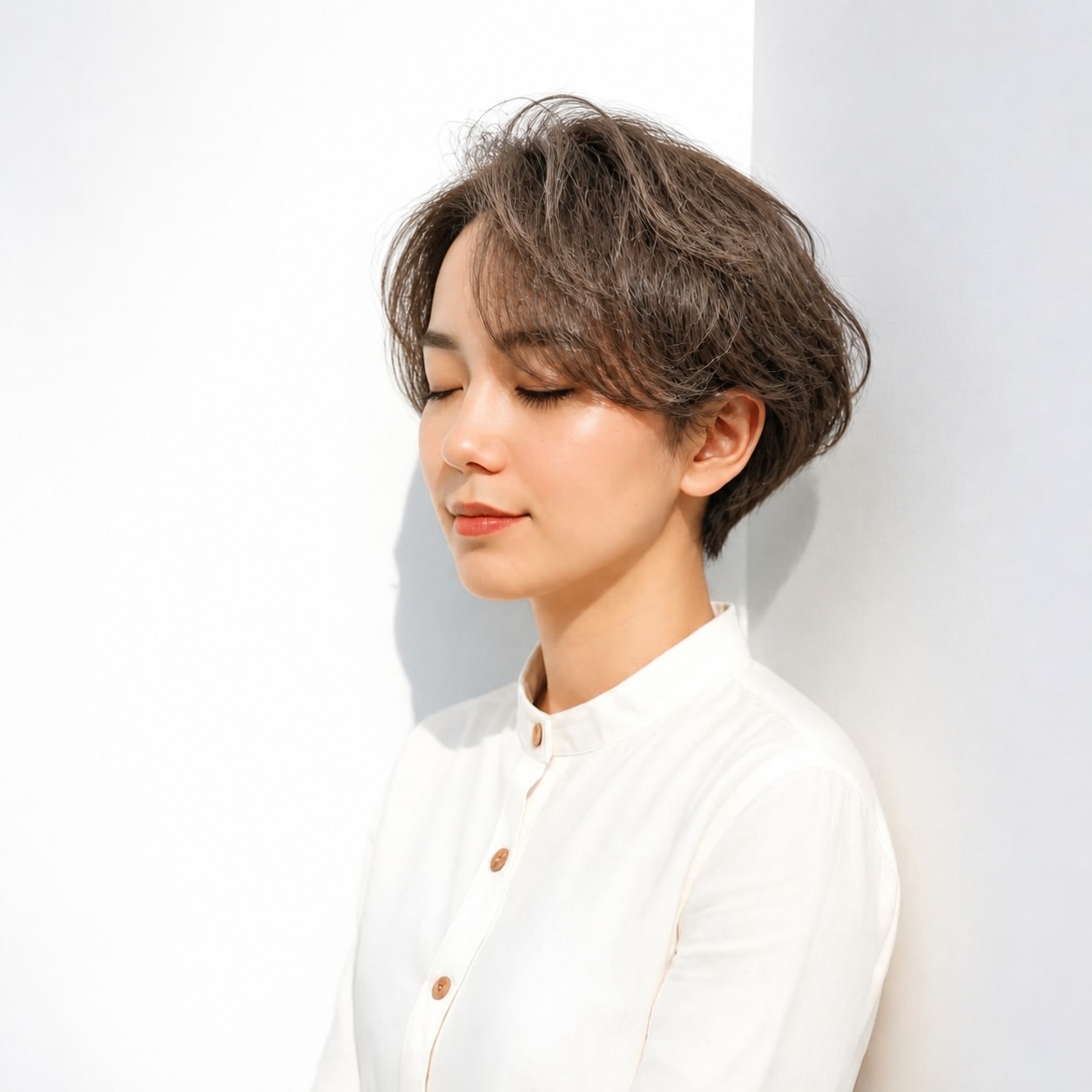 3. ショートパーマ × アッシュブラウン：ゆるい前髪で顔まわりがやわらかく見える