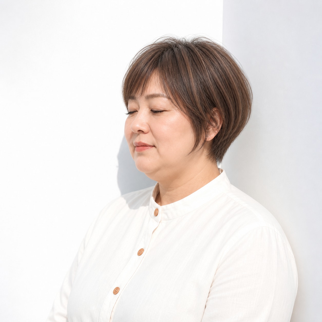 3. ショートヘア × 流し前髪：縦の線が入り、短い髪にも落ち着いた雰囲気が加わります