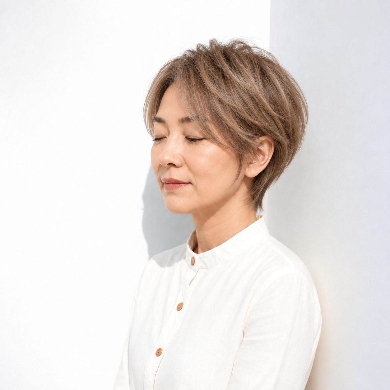 3. ショートレイヤー × 流し前髪：縦の線が入り、短い髪にも落ち着いた雰囲気が加わります