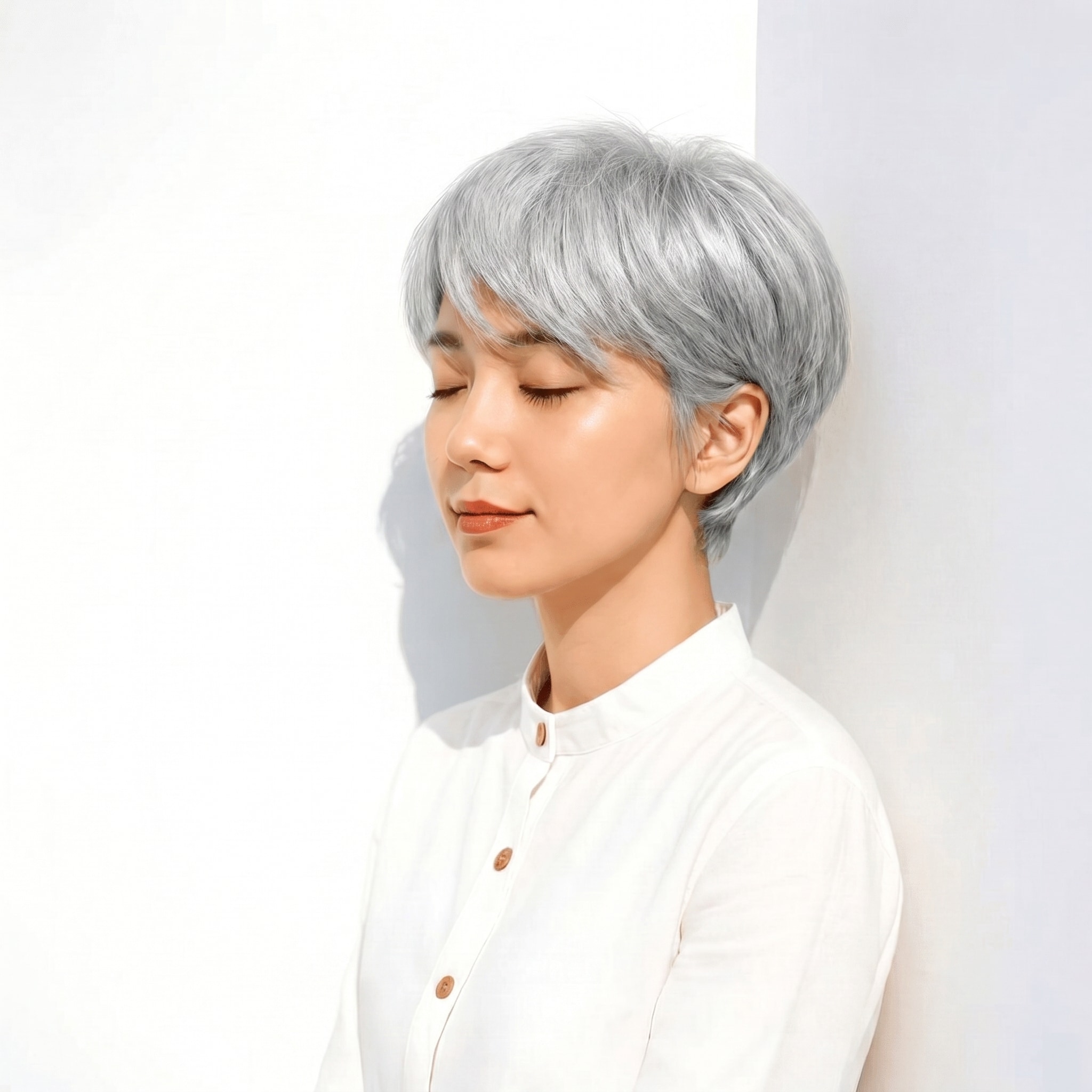 3. シルバーグレー×丸みショート: 青みがかった色みで肌の透明感を引き出す