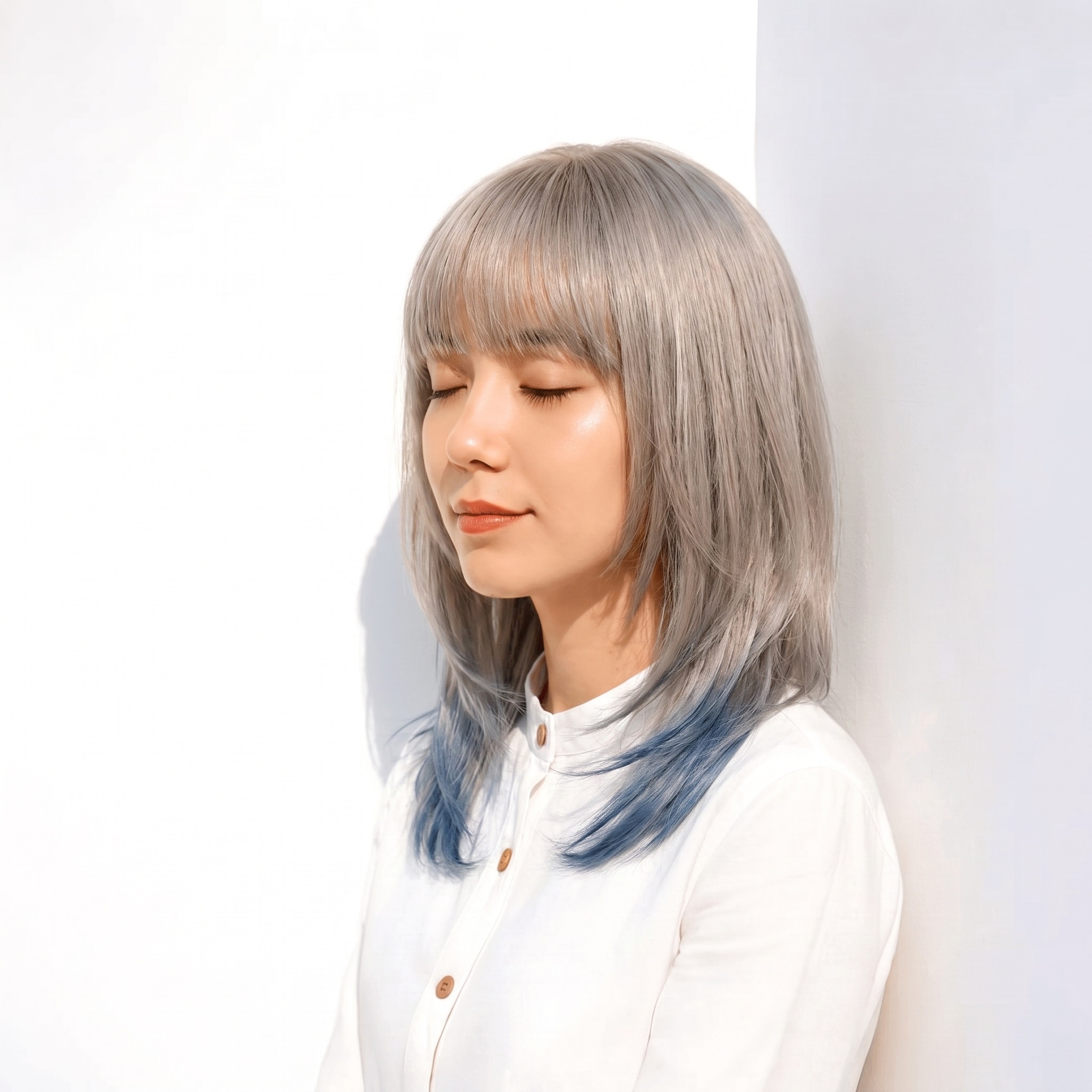 3. シルバーグレージュ×ストレートボブ: 毛先の青みでシンプルなボブに個性が出る