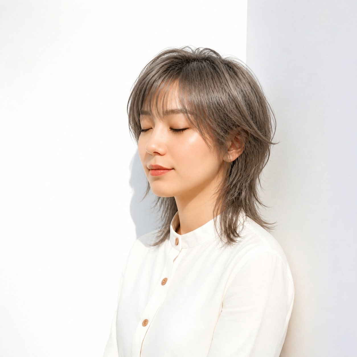 3. セミロングウルフ × 束感レイヤー：毛先がシャープ