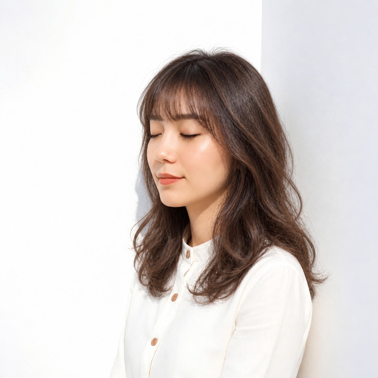 3. セミロングパーマ × ゆるめ × リバースカール：髪が外へ流れ、表情の近くにすっきりした余白ができます