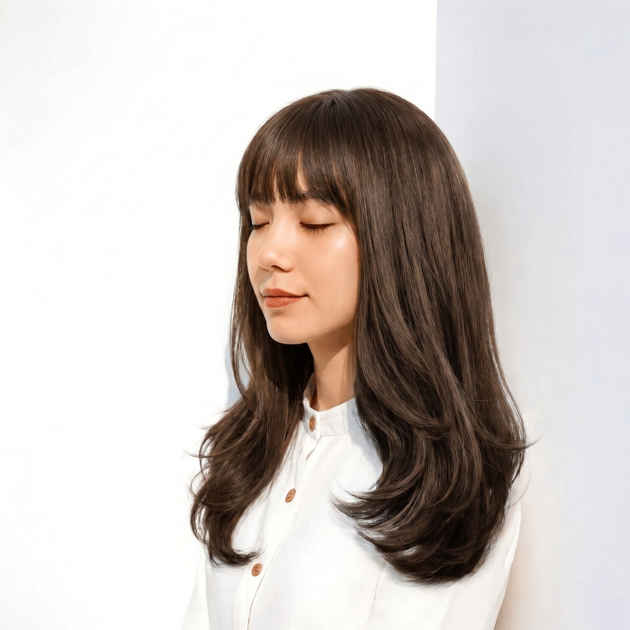 3. ダークグレージュ×ミディアムストレート: 落ち着いた色みで重たく見せない