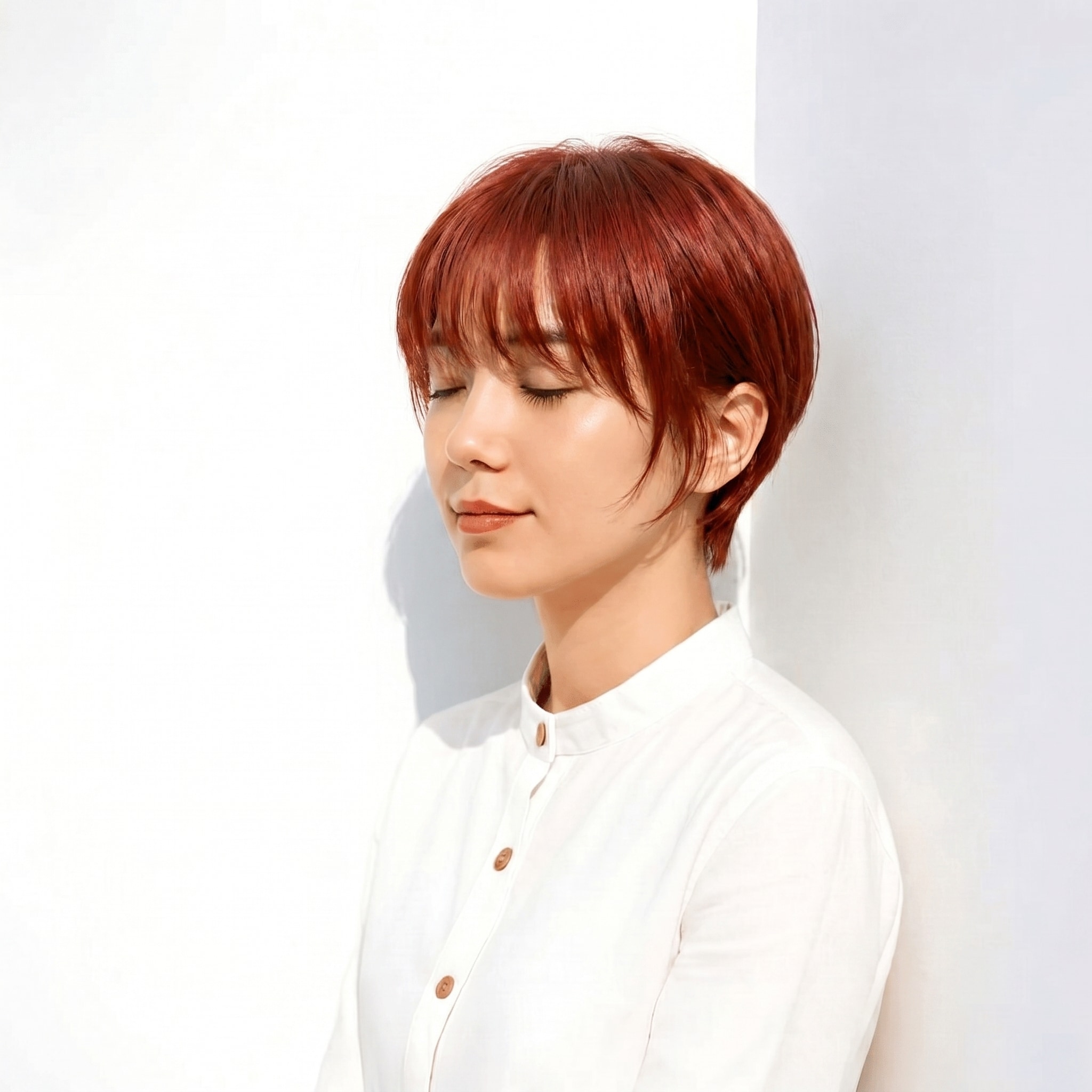 3. チェリーレッド×ツヤ感: 丸みショートで首すじすっきり見せ