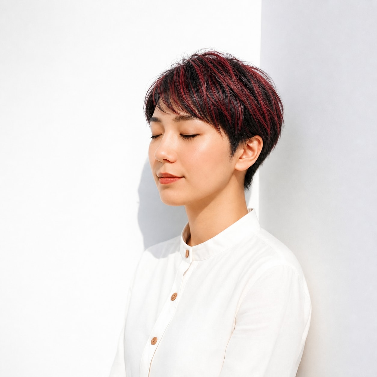 3. チェリーレッドメッシュ×ショート: トップの細いラインで短めヘアに動きが出る