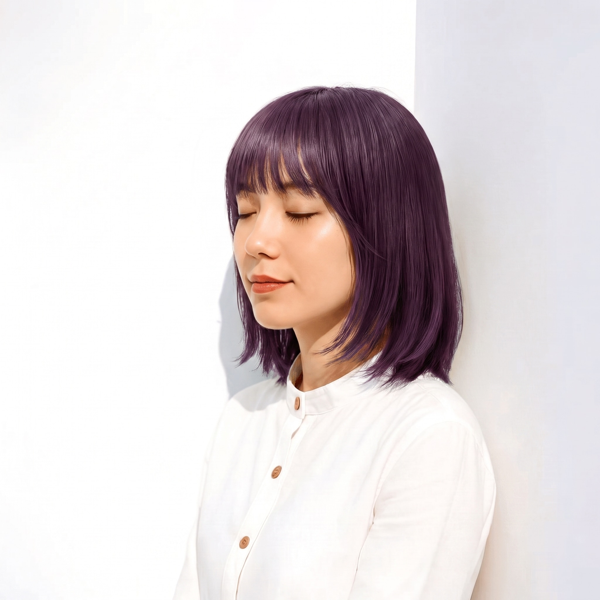 3. パープルブラック×ストレートボブ: 赤紫を含む黒髪寄りカラーでボブが柔らかい印象になる